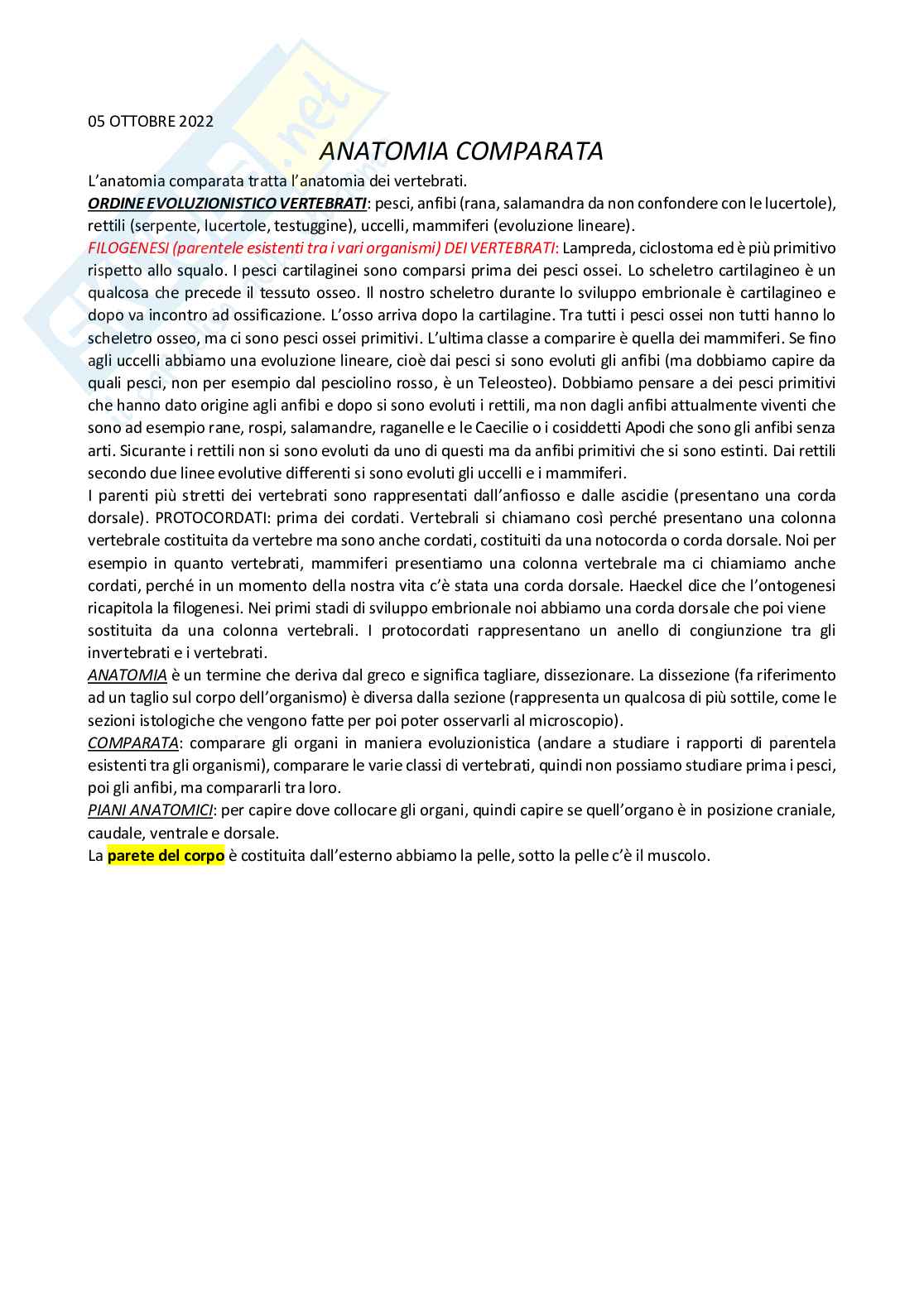 Anatomia comparata dei vertebrati Pag. 1