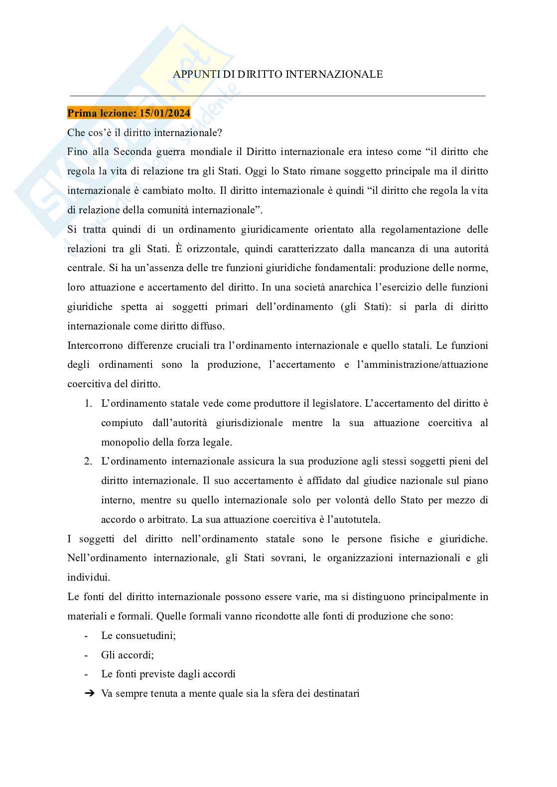 Riassunto esame Diritto internazionale, Prof. Mainetti Vittorio, libro consigliato Diritto internazionale , Focarelli  Pag. 1