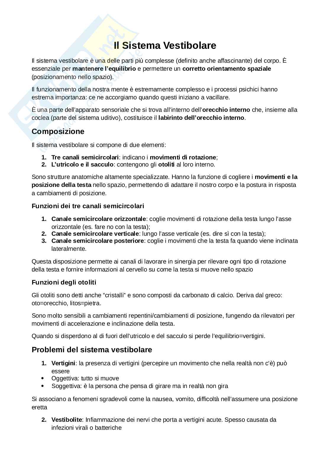 Sistema vestibolare: equilibrio, orientamento spaziale e percezione visiva Pag. 1