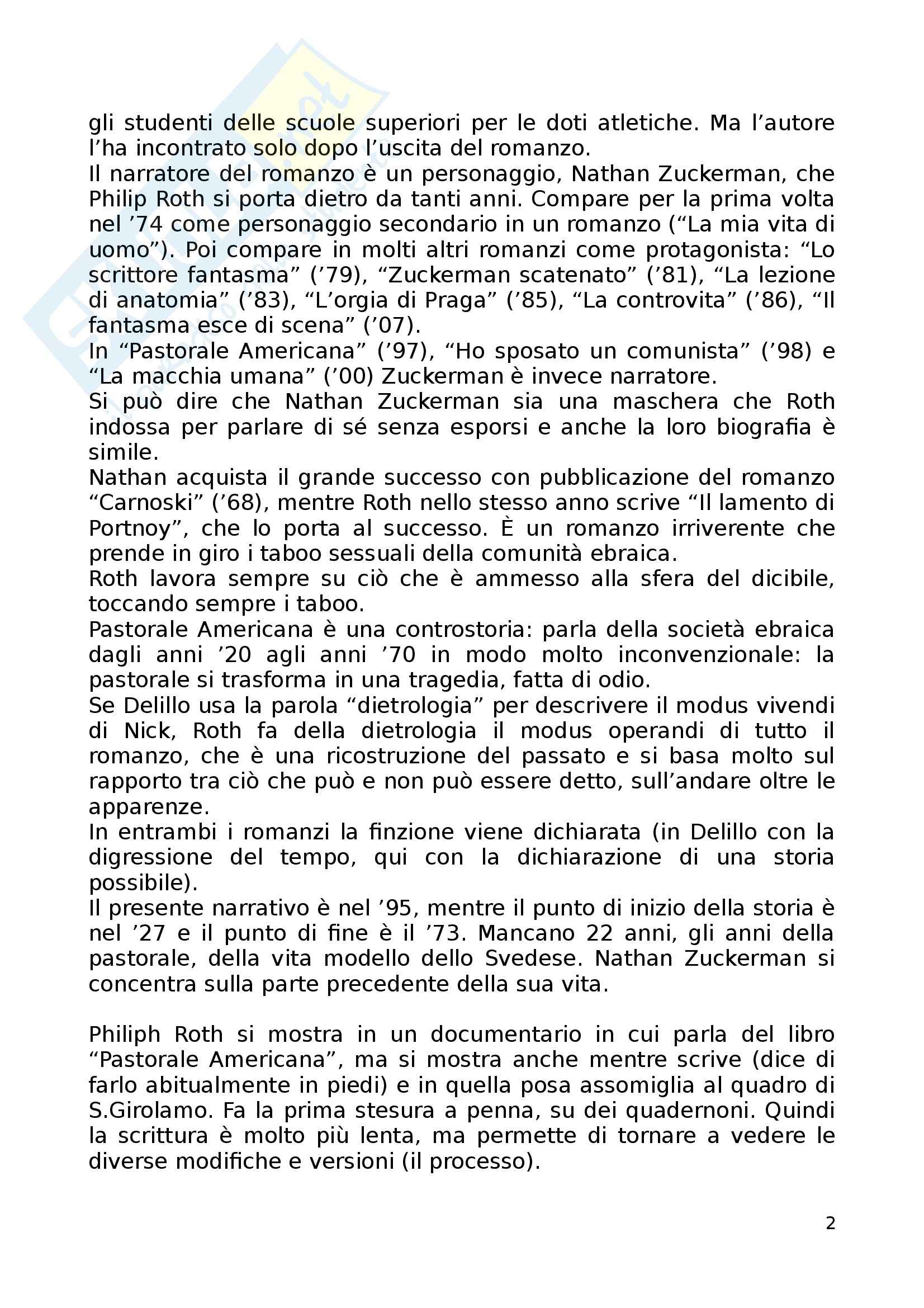 Riassunto esame Letterature comparate, prof. Vittorini, libro consigliato Pastorale americana, Roth Pag. 2