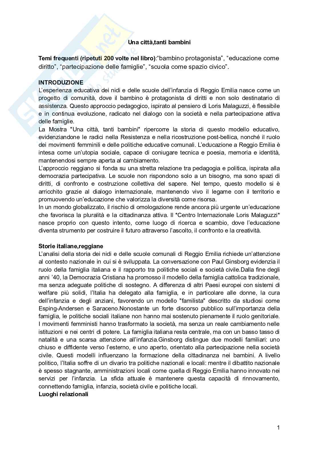 Riassunto esame L'approccio educativo di reggio nei servizi per l'infanzia, Prof. Iughetti Lorenzo, libro consigliato Una città, tanti bambini , Baldini, Cavallini, Vecchi Pag. 1