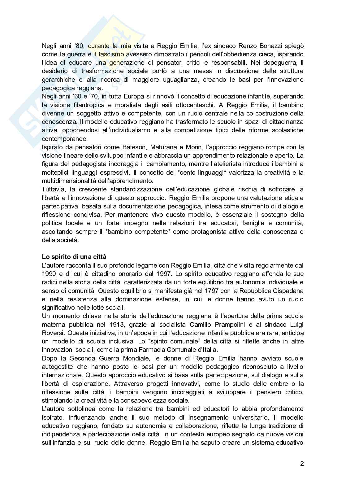Riassunto esame L'approccio educativo di reggio nei servizi per l'infanzia, Prof. Iughetti Lorenzo, libro consigliato Una città, tanti bambini , Baldini, Cavallini, Vecchi Pag. 2