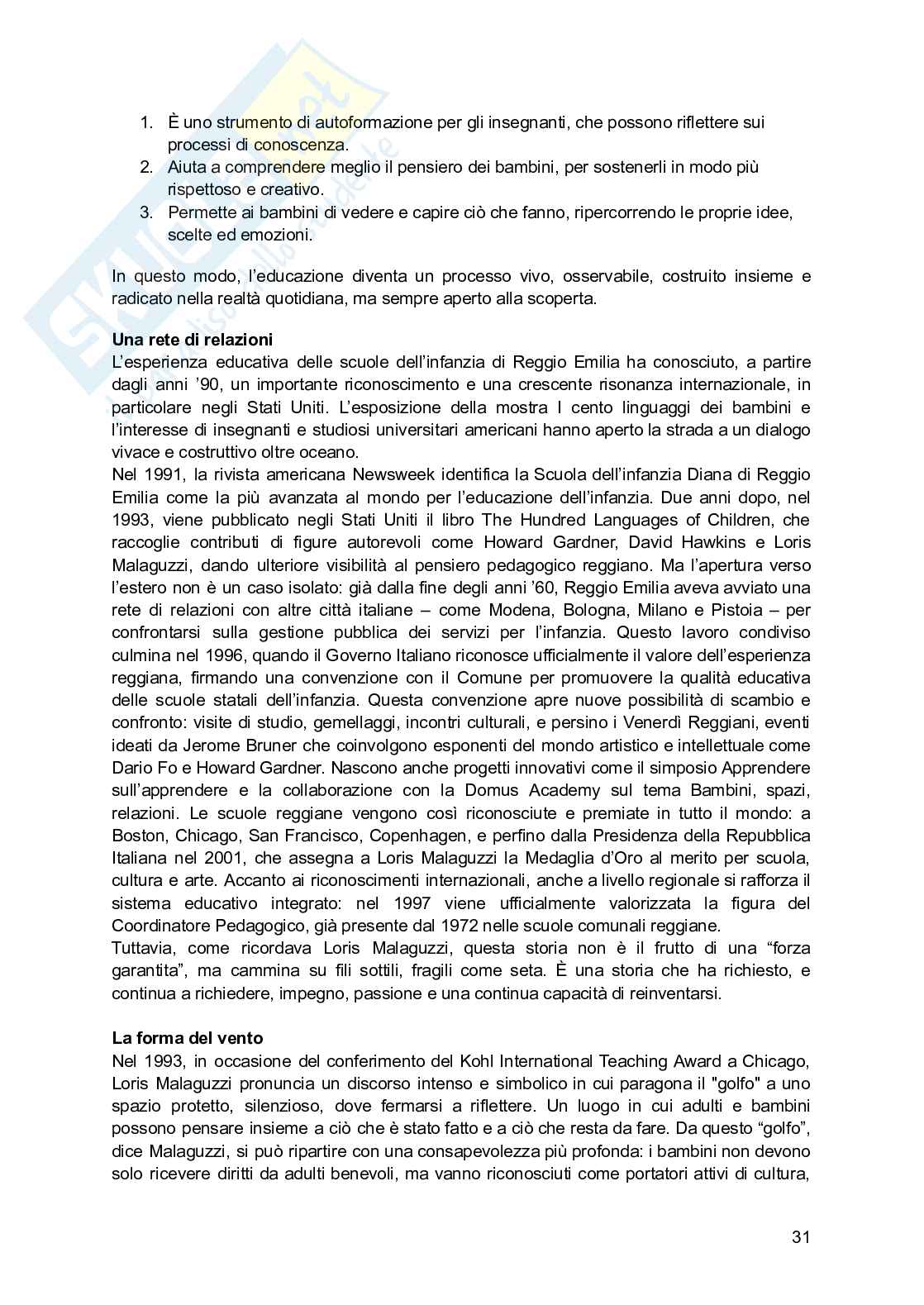 Riassunto esame L'approccio educativo di reggio nei servizi per l'infanzia, Prof. Iughetti Lorenzo, libro consigliato Una città, tanti bambini , Baldini, Cavallini, Vecchi Pag. 31