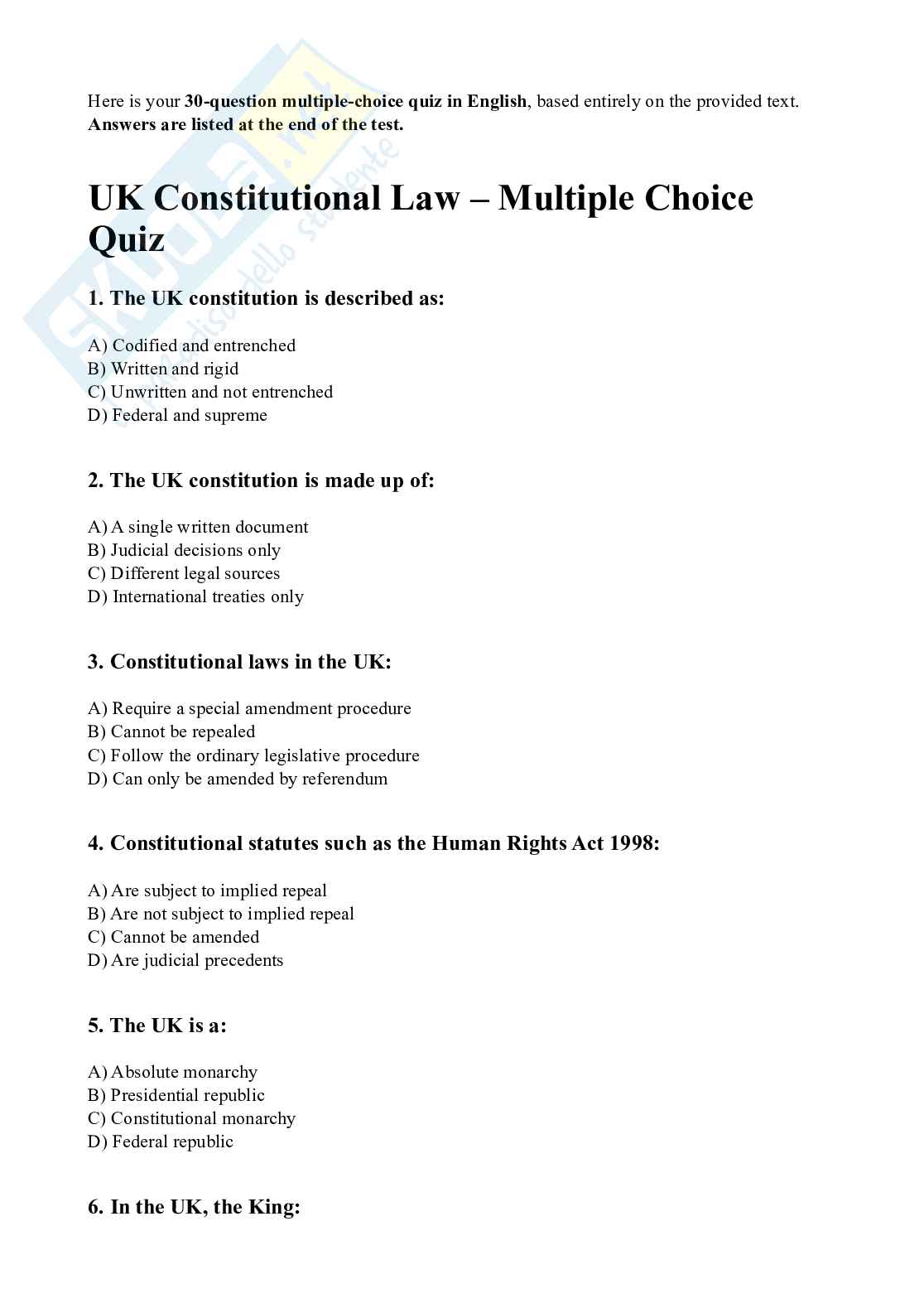 Quiz per preparazione all'esame di Inglese giuridico Pag. 1