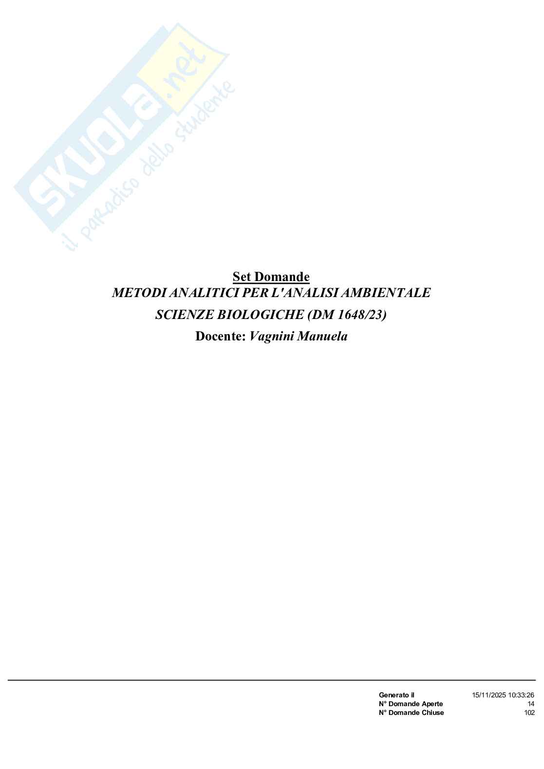 Paniere Metodi analitici per l'analisi ambientale Pag. 1