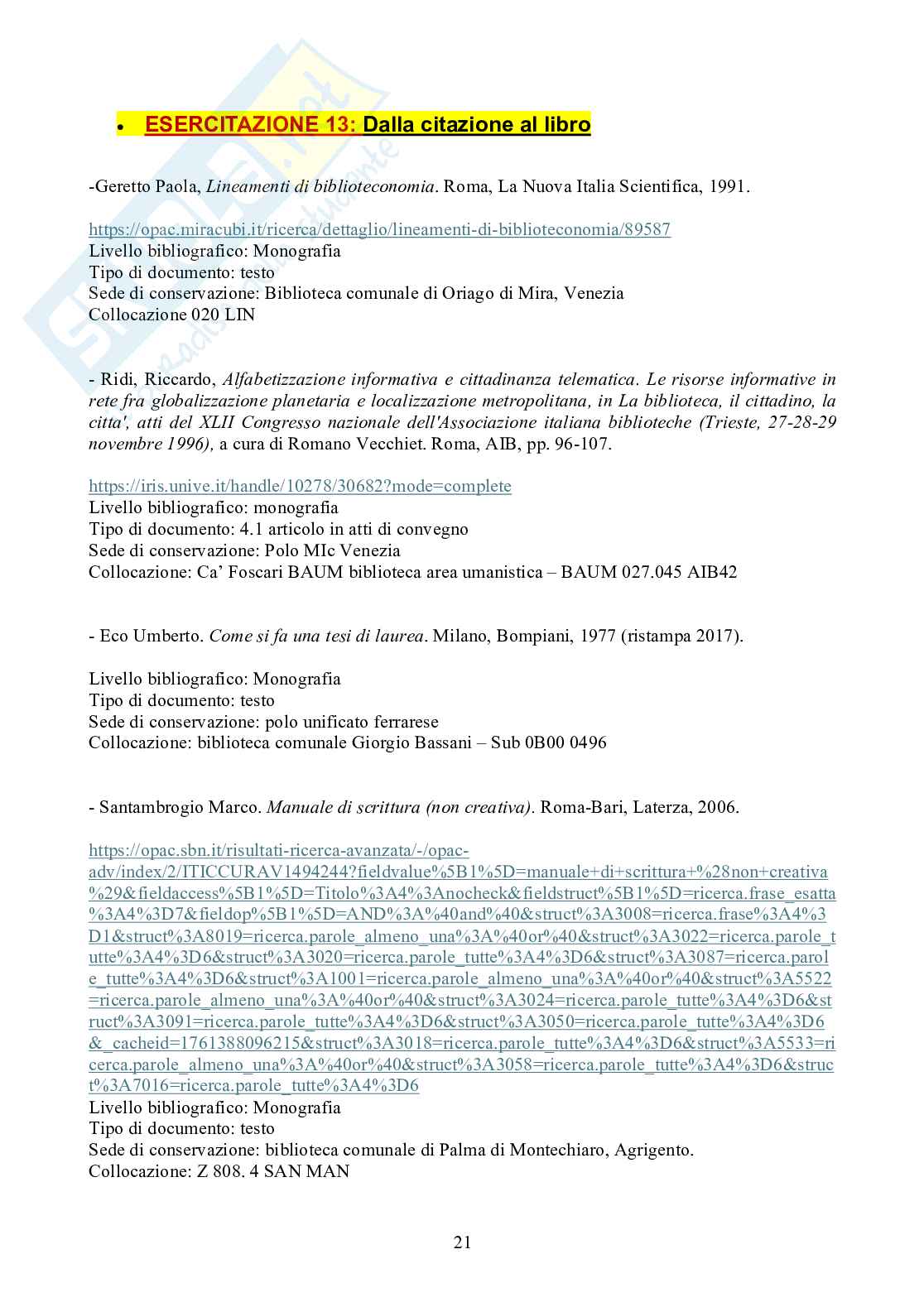 Esercitazione obbligatoria del Laboratorio di ricerca bibliografica Pag. 21