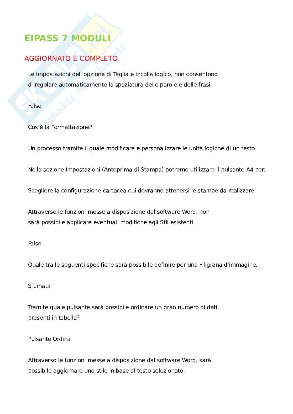 Domande e risposte Eipass - Funzioni base di Microsoft Word: guida alle funzionalità e impostazioni Pag. 1