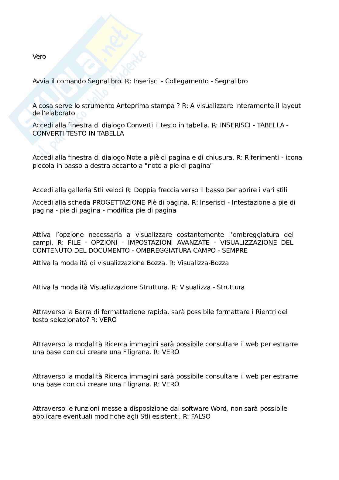 Domande e risposte Eipass - Funzioni base di Microsoft Word: guida alle funzionalità e impostazioni Pag. 2