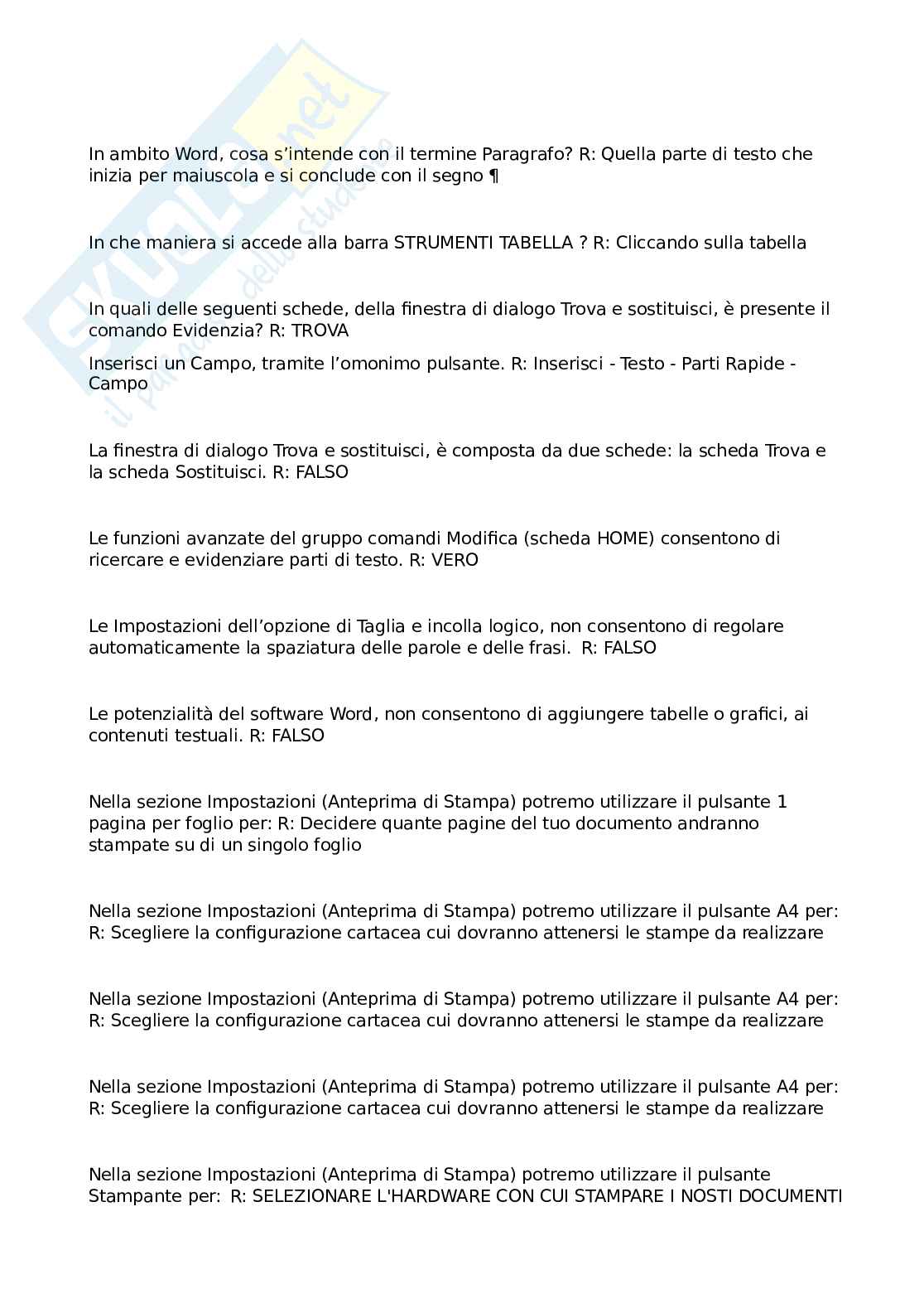 Domande e risposte Eipass - Funzioni base di Microsoft Word: guida alle funzionalità e impostazioni Pag. 6
