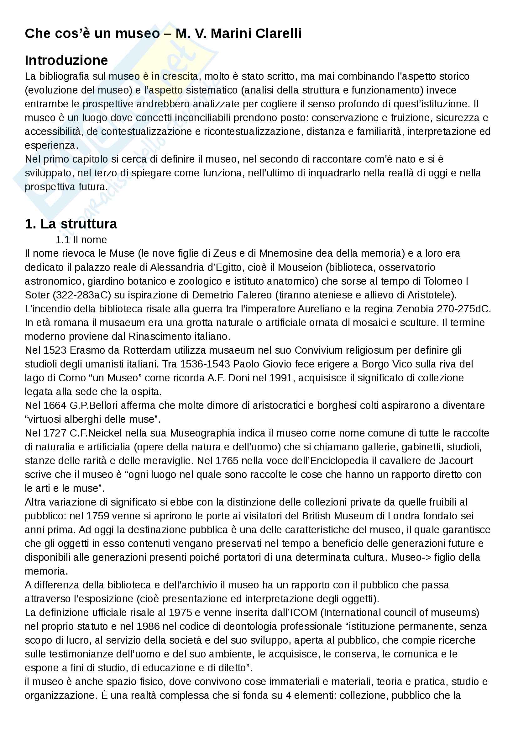 Riassunto esame Storia dell'Archeologia e Museologia, prof. Calcani, libro consigliato Che cos è un museo, M. V. Marini Clarelli Pag. 1