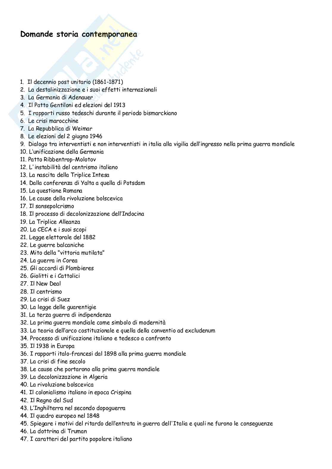 Domande e risposte di Storia contemporanea Pag. 1