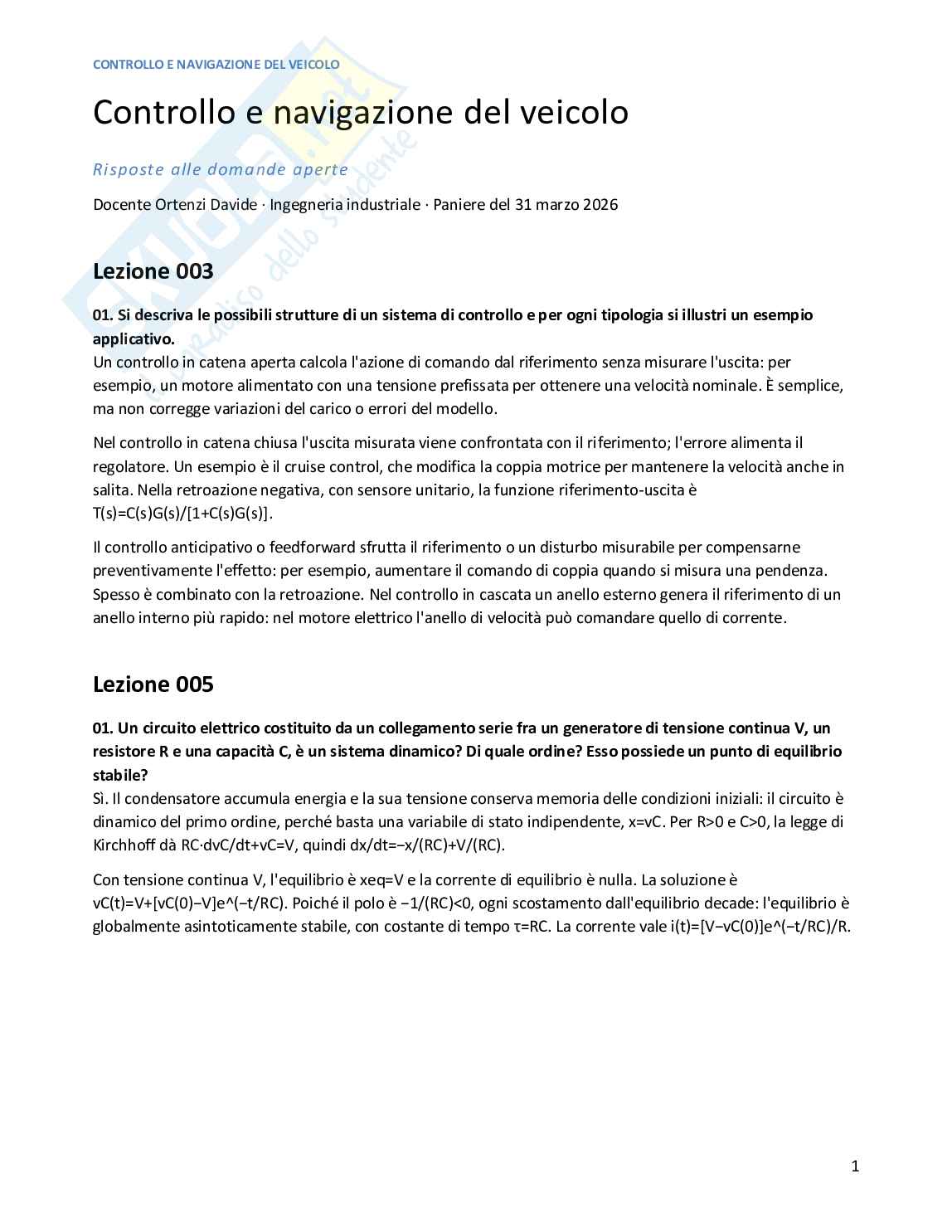 Risposte aperte Controllo e navigazione del veicolo, 2026 Pag. 1