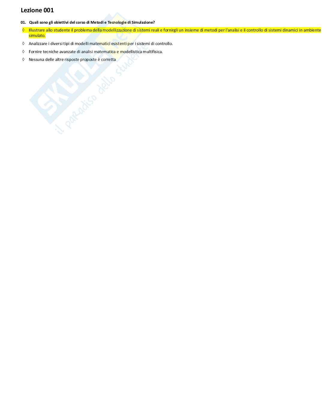 Paniere con risposte chiuse - Metodi e tecnologie di simulazione (2023/2024) Pag. 1