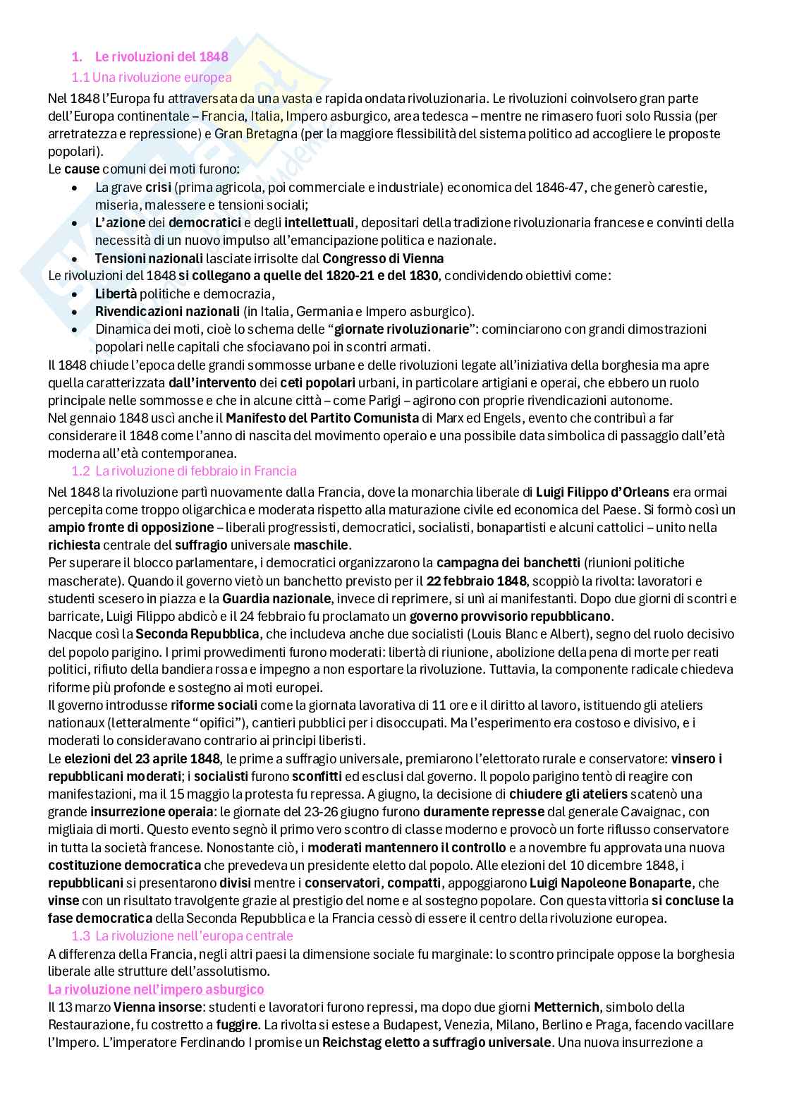 Riassunto esame Storia contemporanea, Prof. Fioravanzo Monica, libro consigliato Il mondo contemporaneo dal 1848 ad oggi, Sabatucci, Vidotto Pag. 1