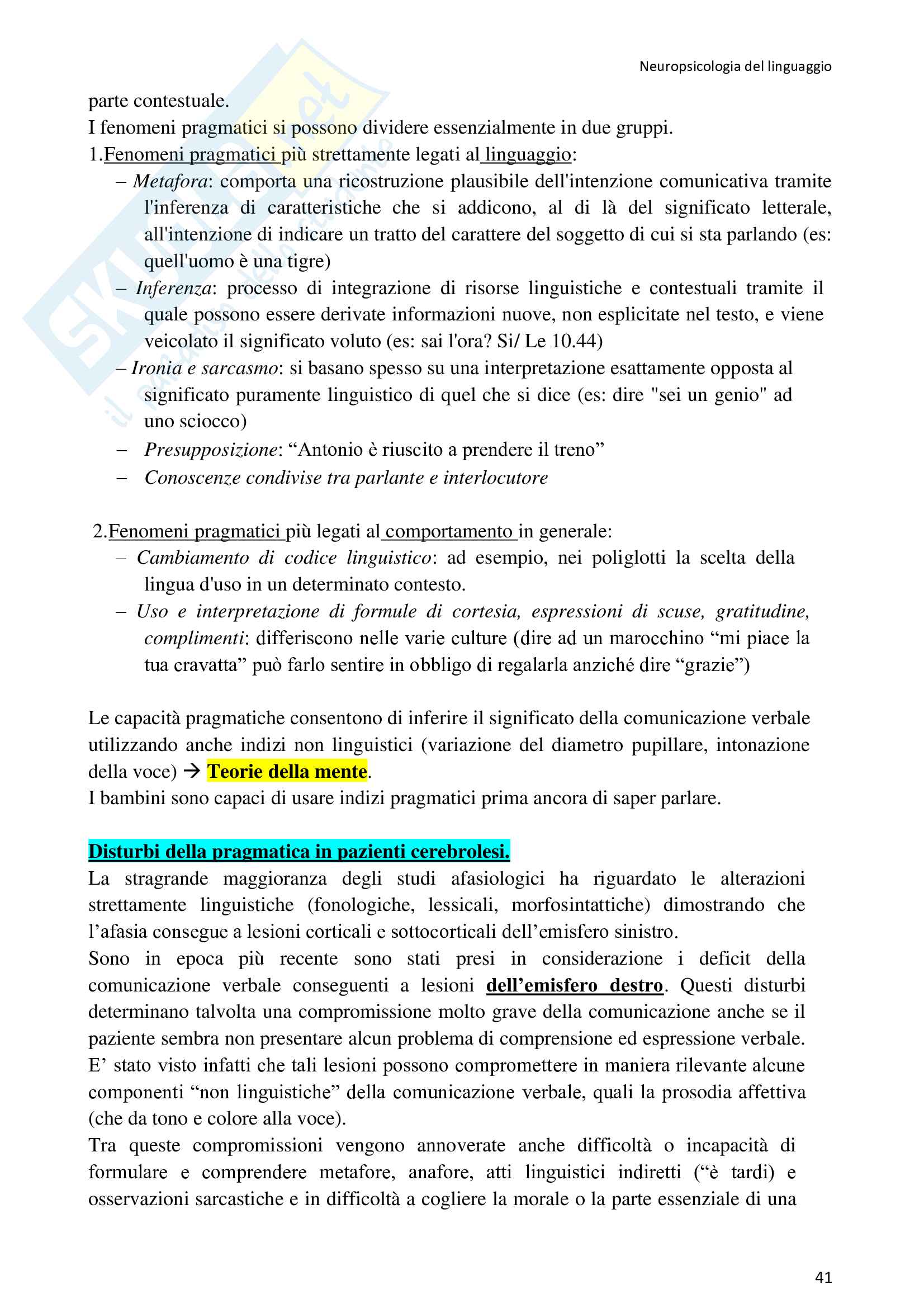 Riassunto esame didattica delle lingue moderne, prof Roccaforte, libro consigliato Neuropsicologia del linguaggio, Aglioti Pag. 41
