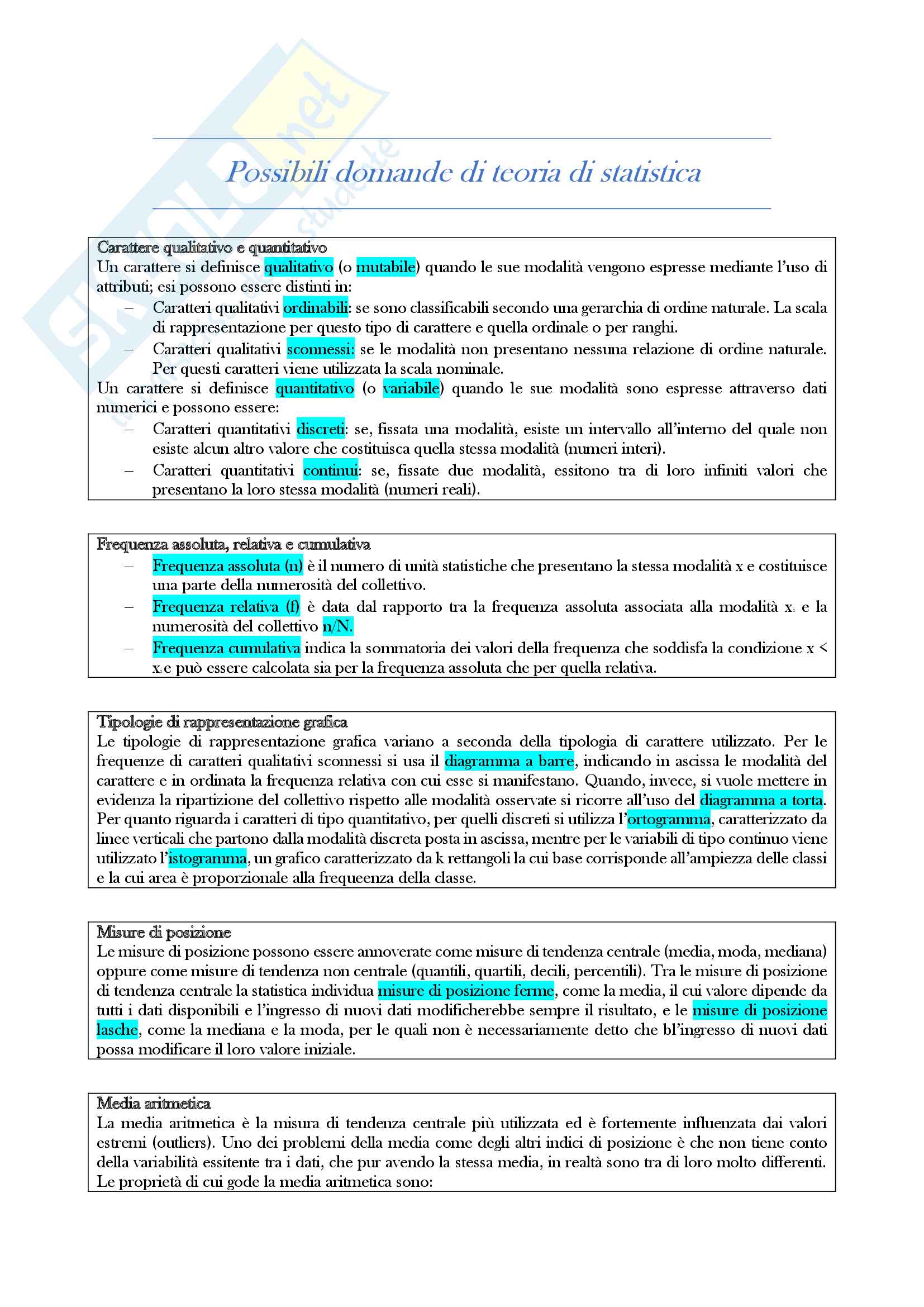 Esempio domande teoria esame di statistica Bollani con risposte Pag. 1