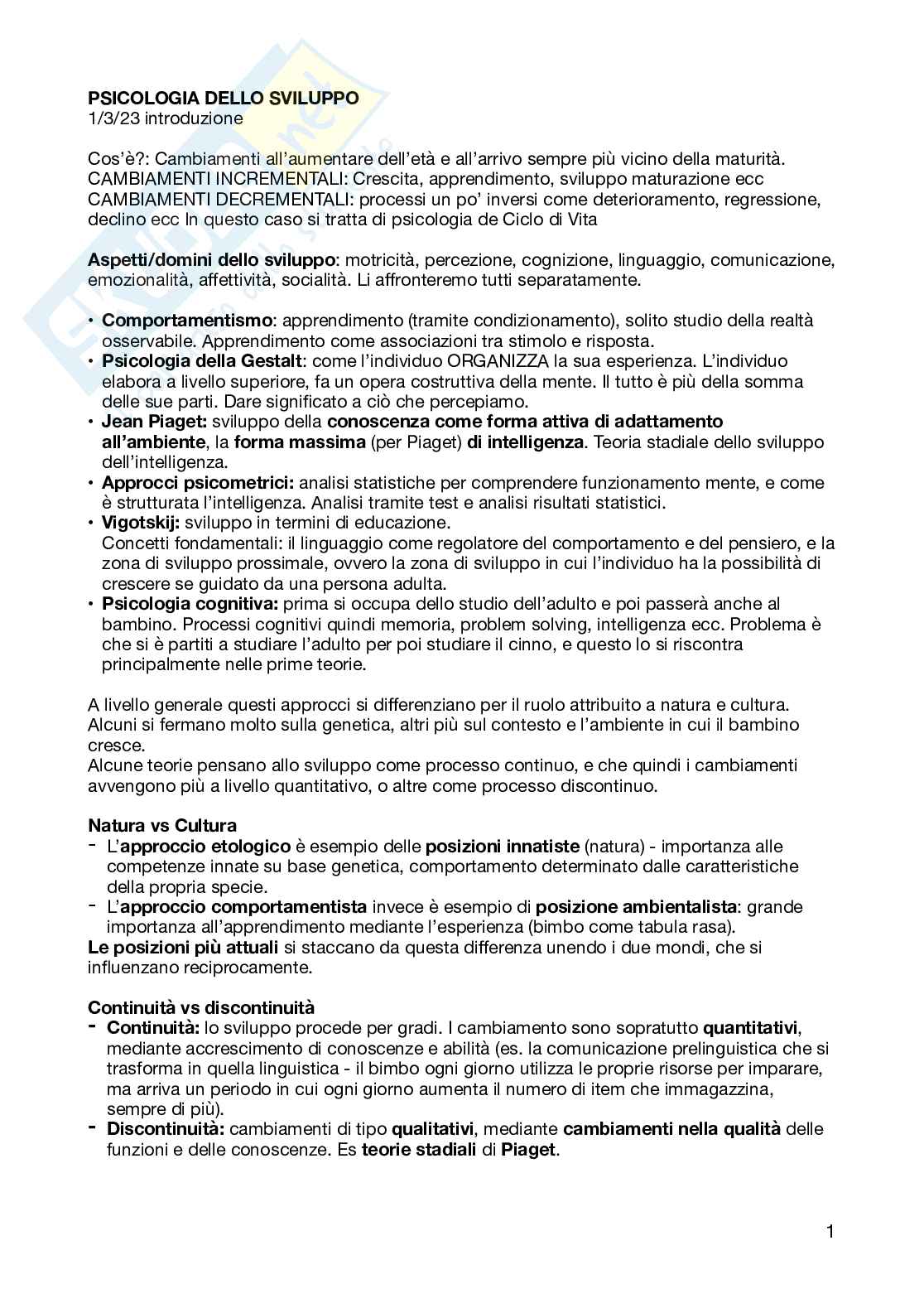 Appunti sulle videolezioni di Psicologia delle sviluppo Pag. 1
