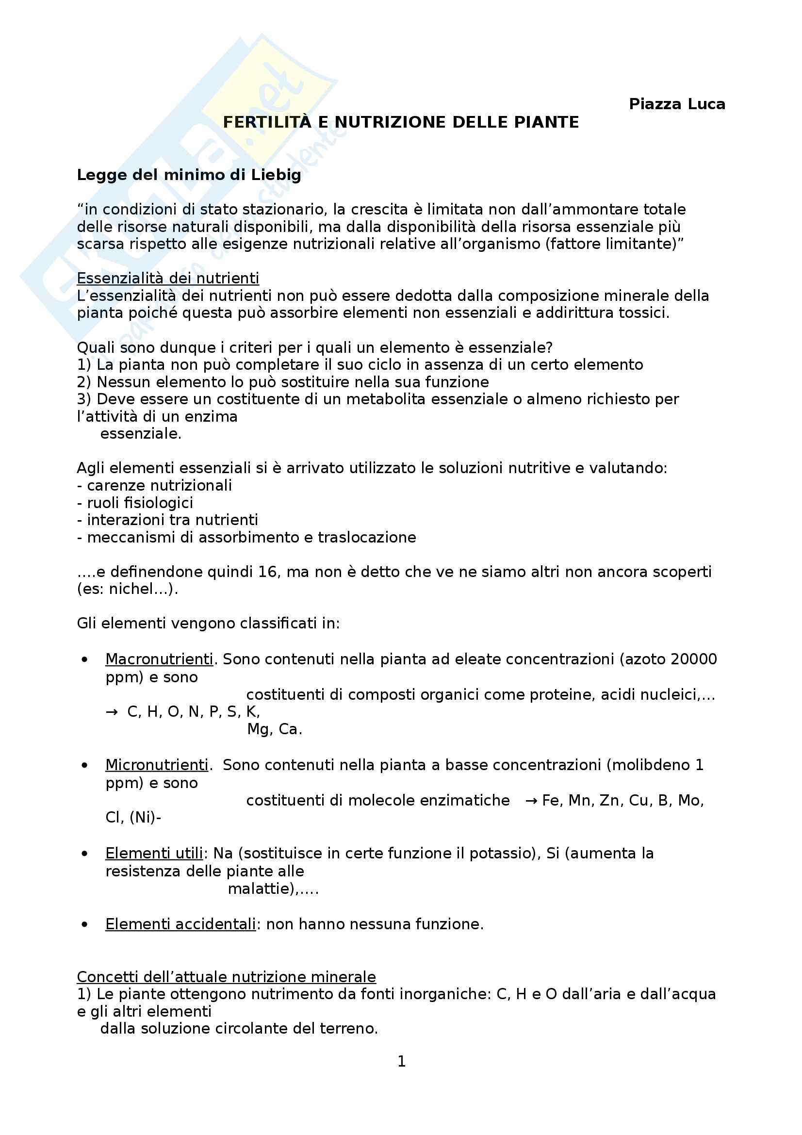 Riassunto esame Fertilità e nutrizione delle piante, prof. Saccomani Pag. 1