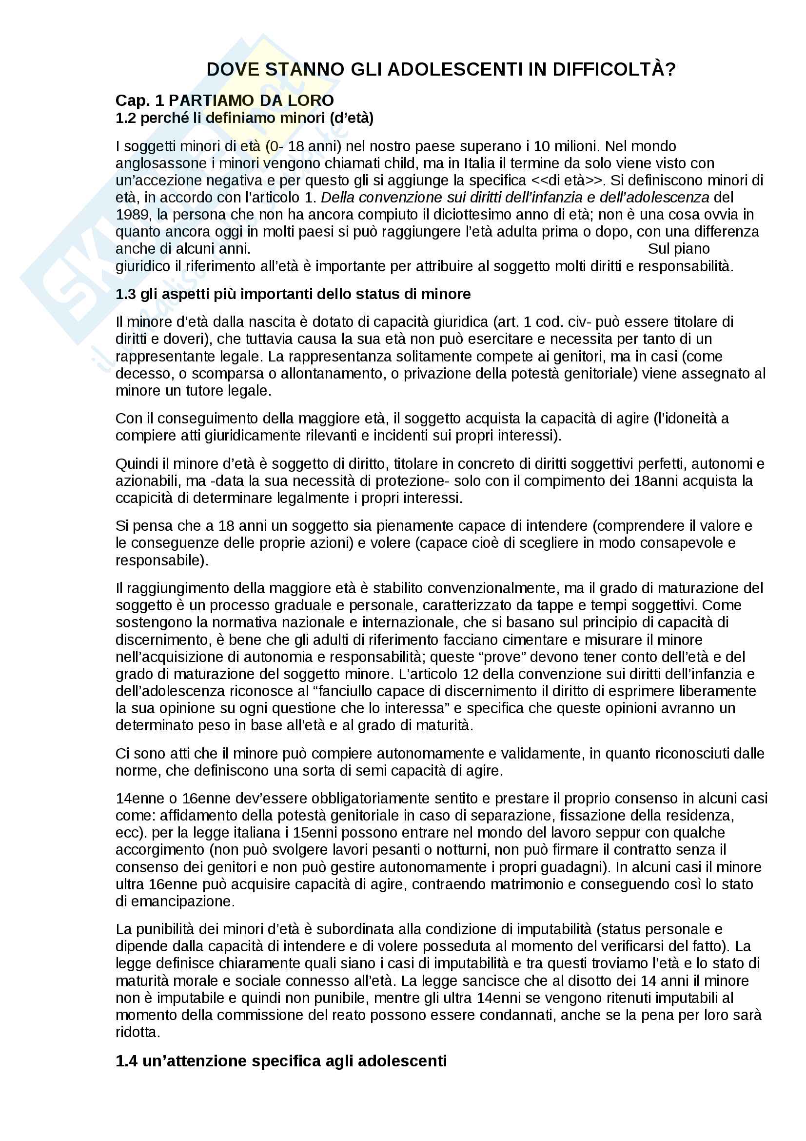 Riassunto esame pedagogia della marginalità e devianza minorile, prof. Santamaria, libro consigliato Dove stanno gli adolescenti in difficoltà Pag. 1