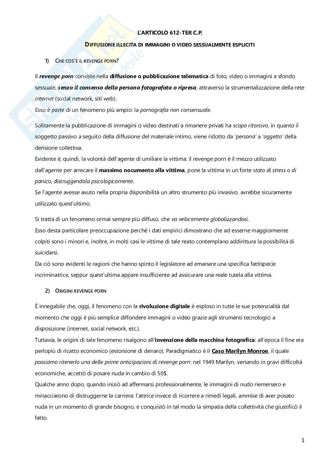 Riassunto esame Diritto penale parte speciale, Prof. Lo Monte Elio, libro consigliato L'Art. 612-ter c.p. Diffusione illecita di immagini o video sessualmente espliciti. Tra buoni propositi, denegato diritto all'oblio e "morti social" , Lo Monte  Pag. 1