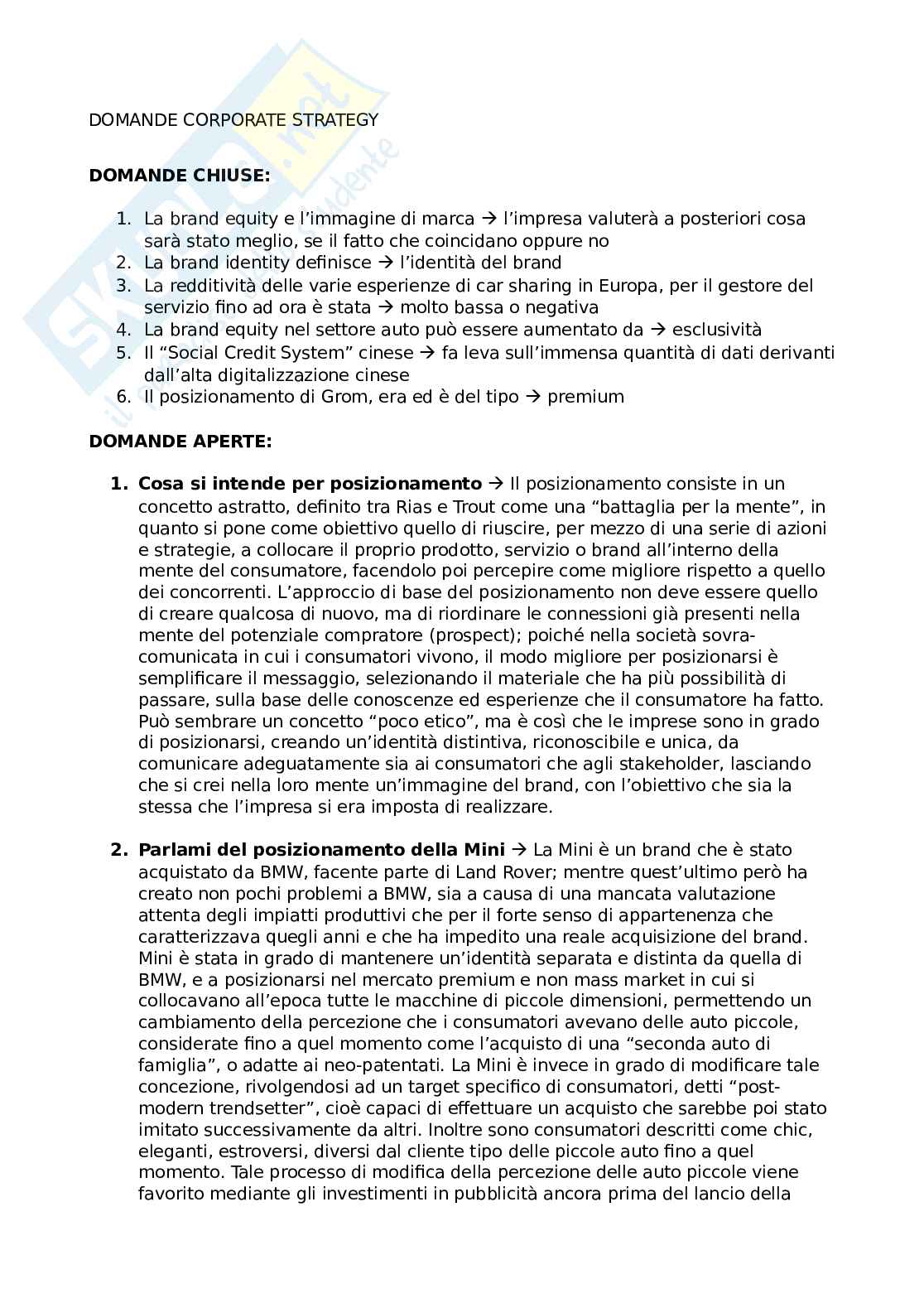 Corporate Strategy: domande per l'esame Pag. 1