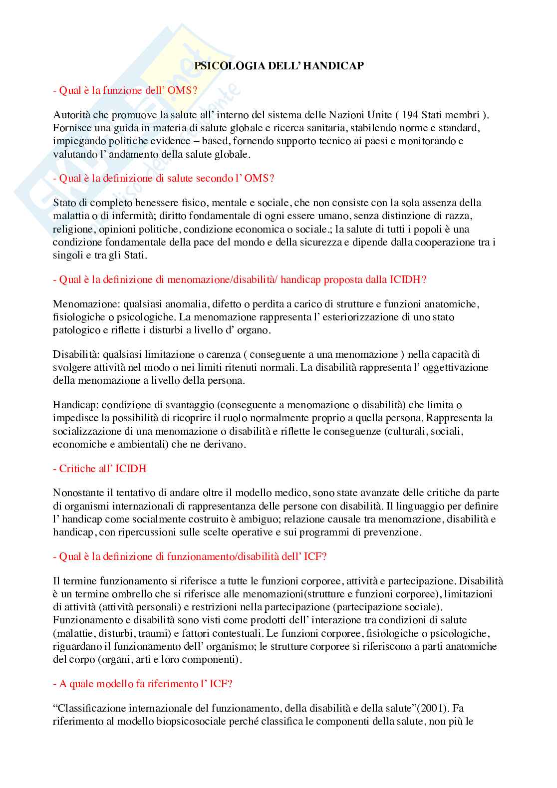 Psicologia dell'handicap e della riabilitazione - Domande Pag. 1