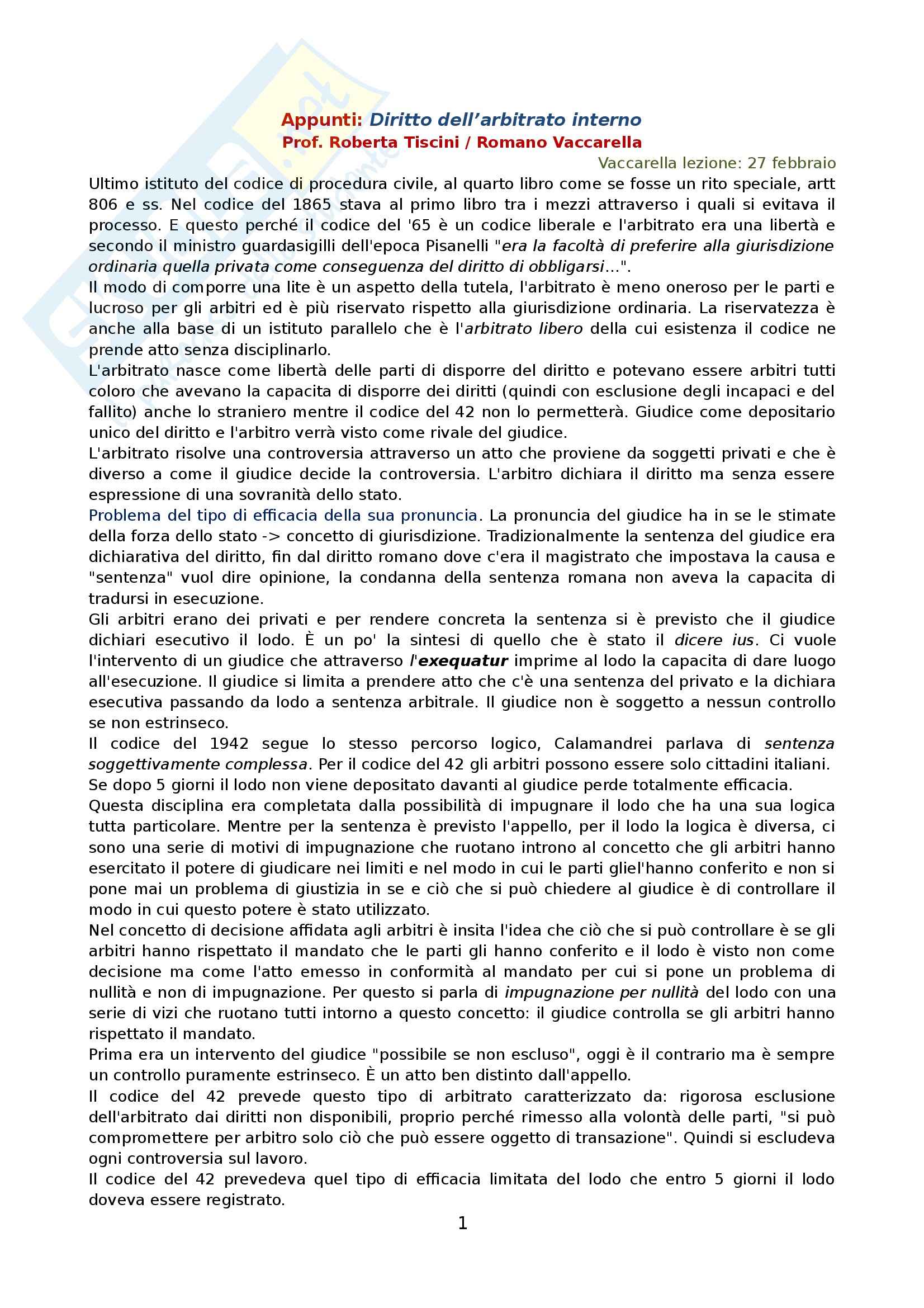 Diritto dell'arbitrato interno - Appunti Pag. 1