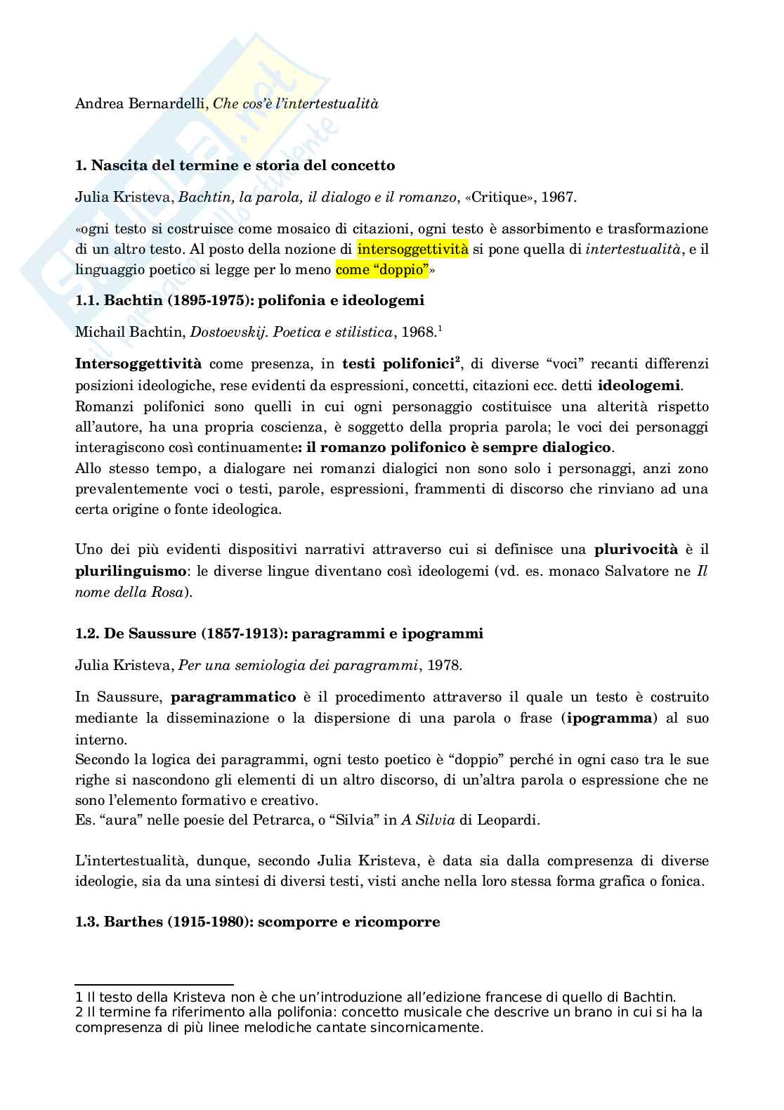 Riassunto esame Filologia romanza, Prof. Lannutti Maria Sofia, libro consigliato Che cosa è l'intertestualità, Bernardelli Pag. 1