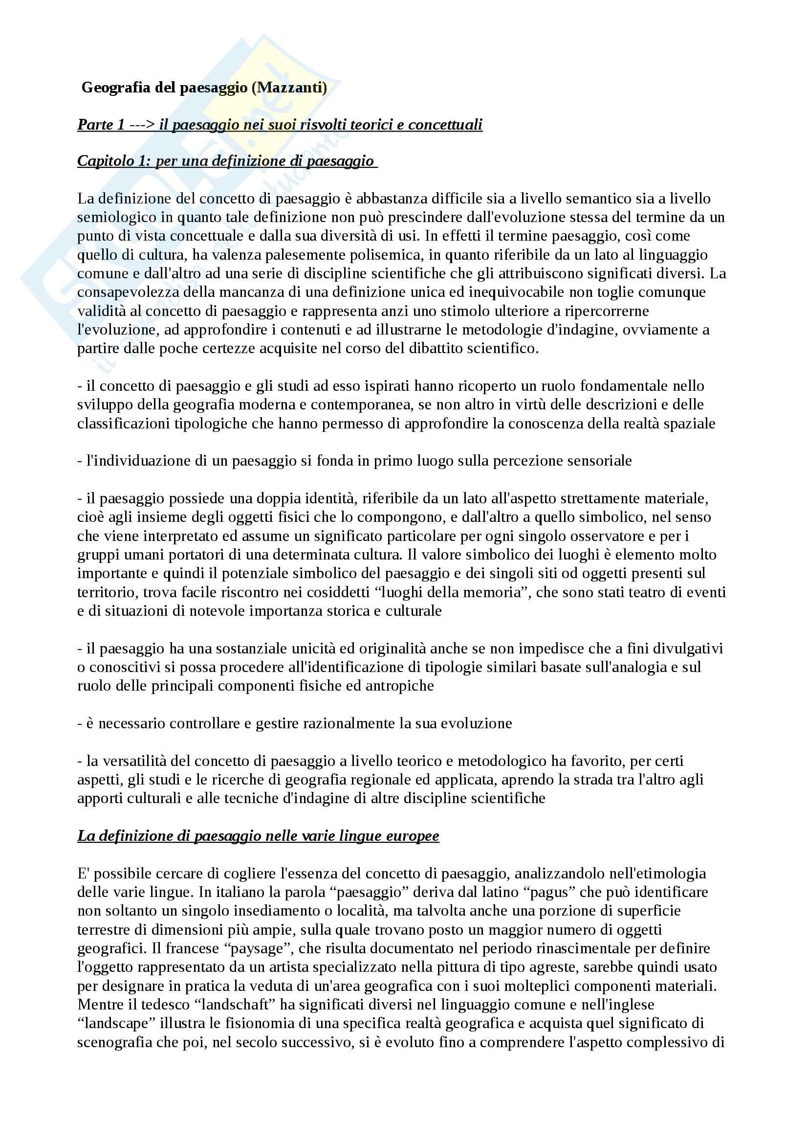 Riassunto esame Geografia, prof. Mazzanti, libro consigliato Geografia del paesaggio, Mazzanti Pag. 1