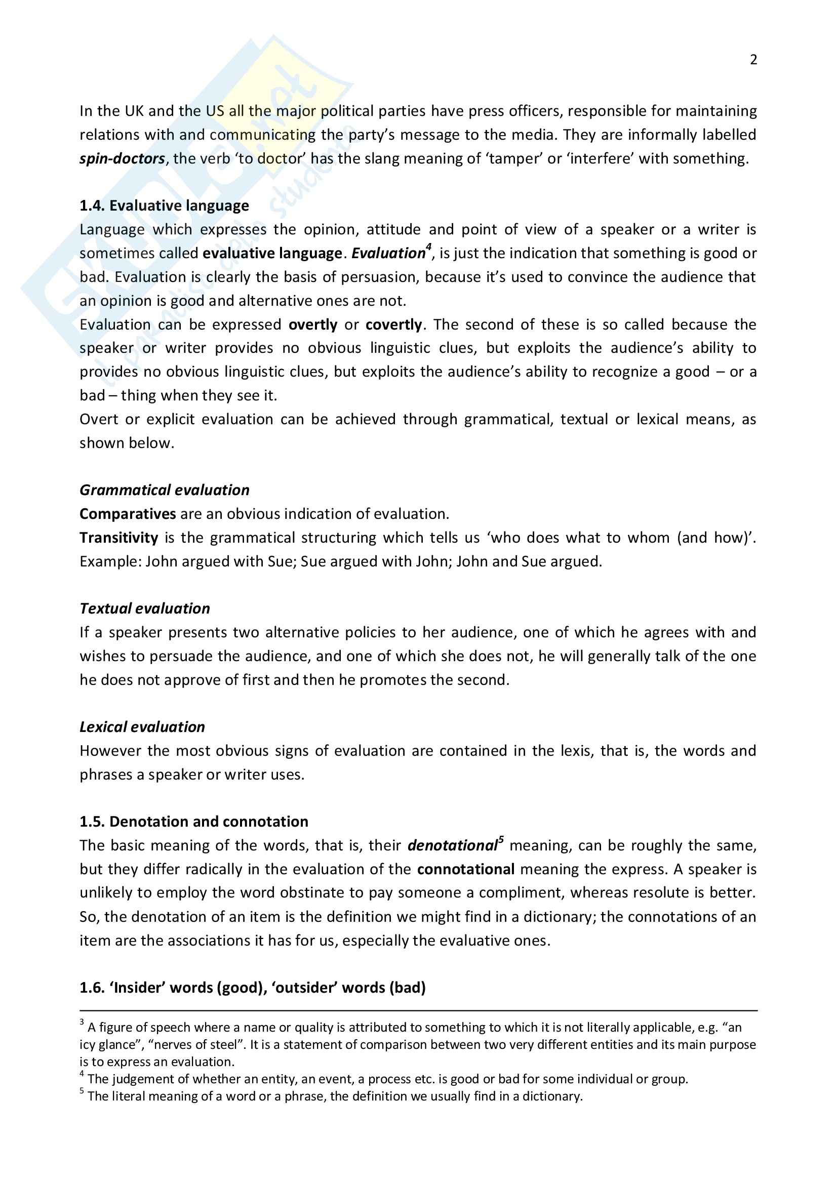 Riassunto esame Lingua inglese, prof. Partington, libro consigliato Persuasion in Politics, Partington, Taylor Pag. 2