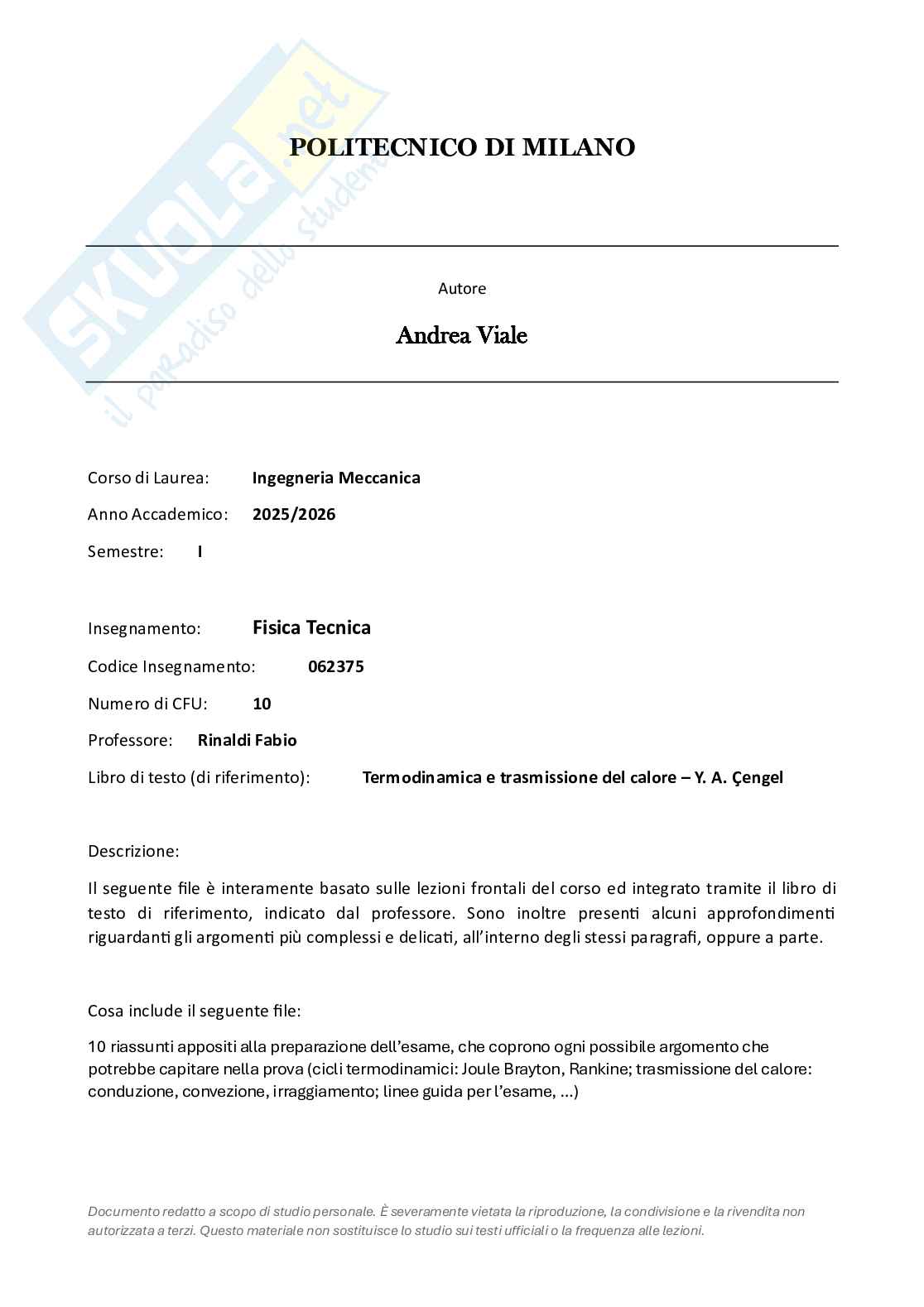 Appunti riassuntivi e Formulari di Fisica tecnica  Pag. 1
