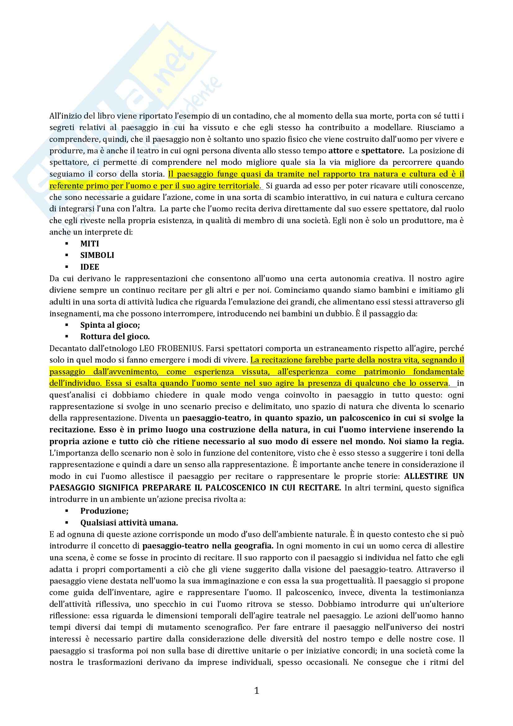 Riassunto esame Geografia, prof. Micelli, libro consigliato Il Paesaggio Come Teatro, Turri Pag. 1