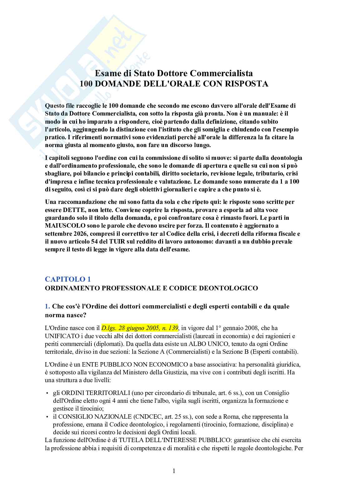 Esame di Stato Commercialista – 100 domande dell'orale con risposta Pag. 1