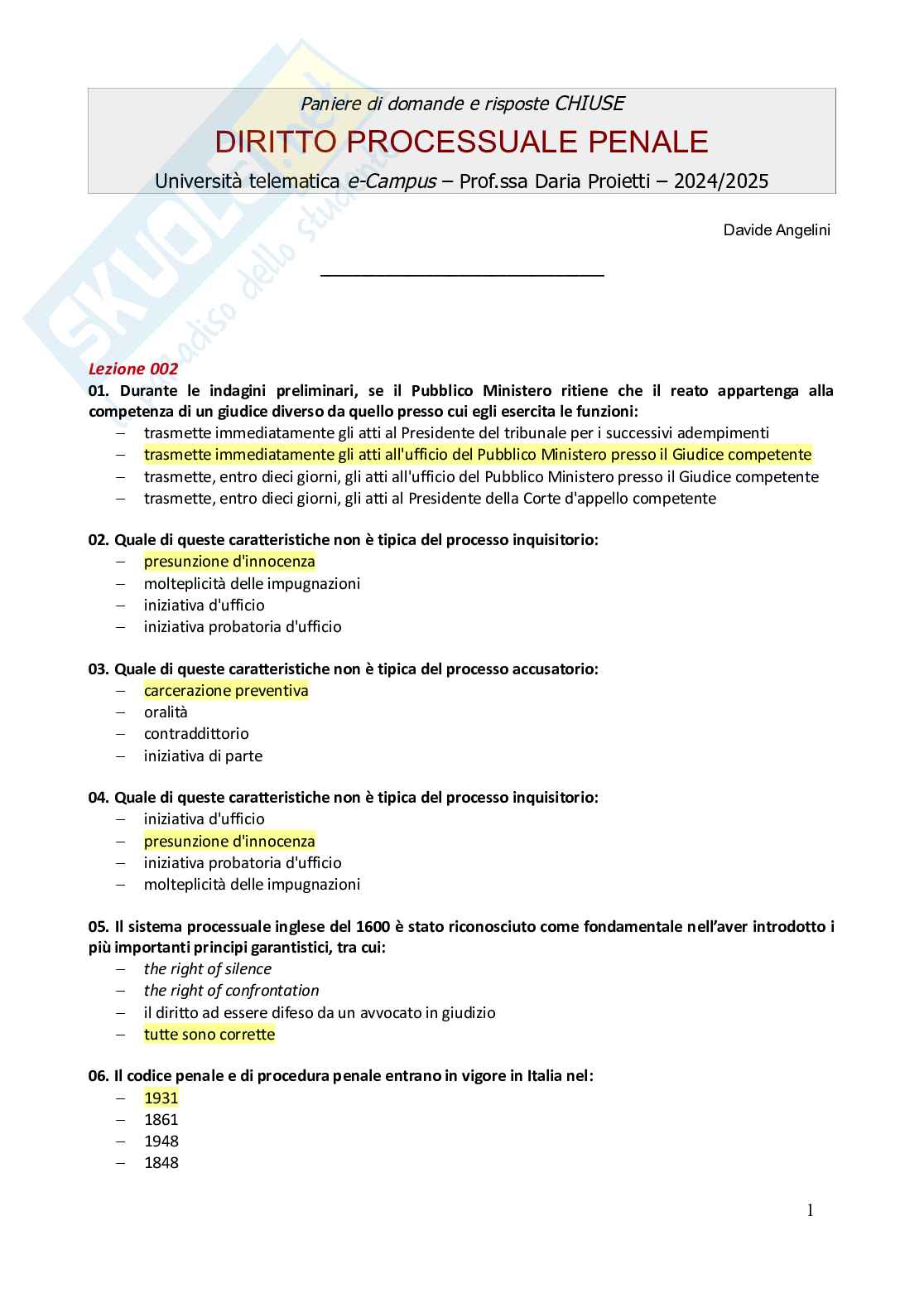 Paniere risposte chiuse Diritto processuale penale  - 2025 Pag. 1