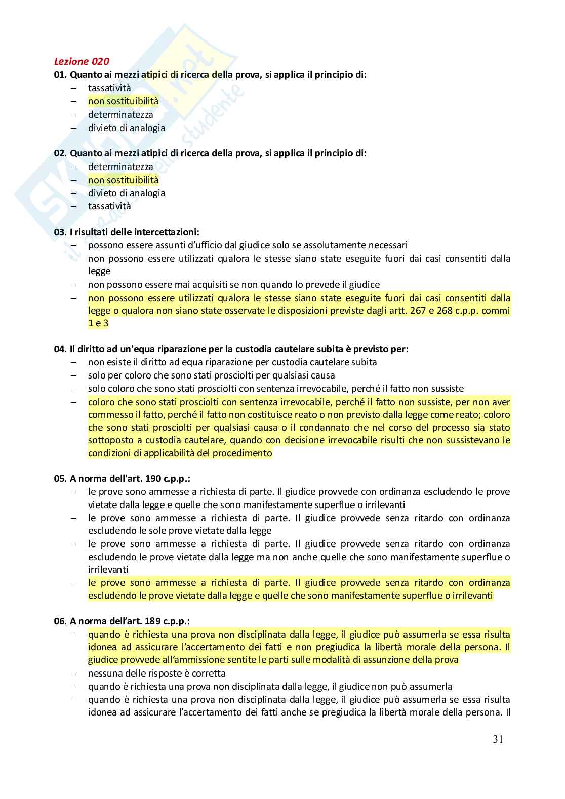 Paniere risposte chiuse Diritto processuale penale  - 2025 Pag. 31