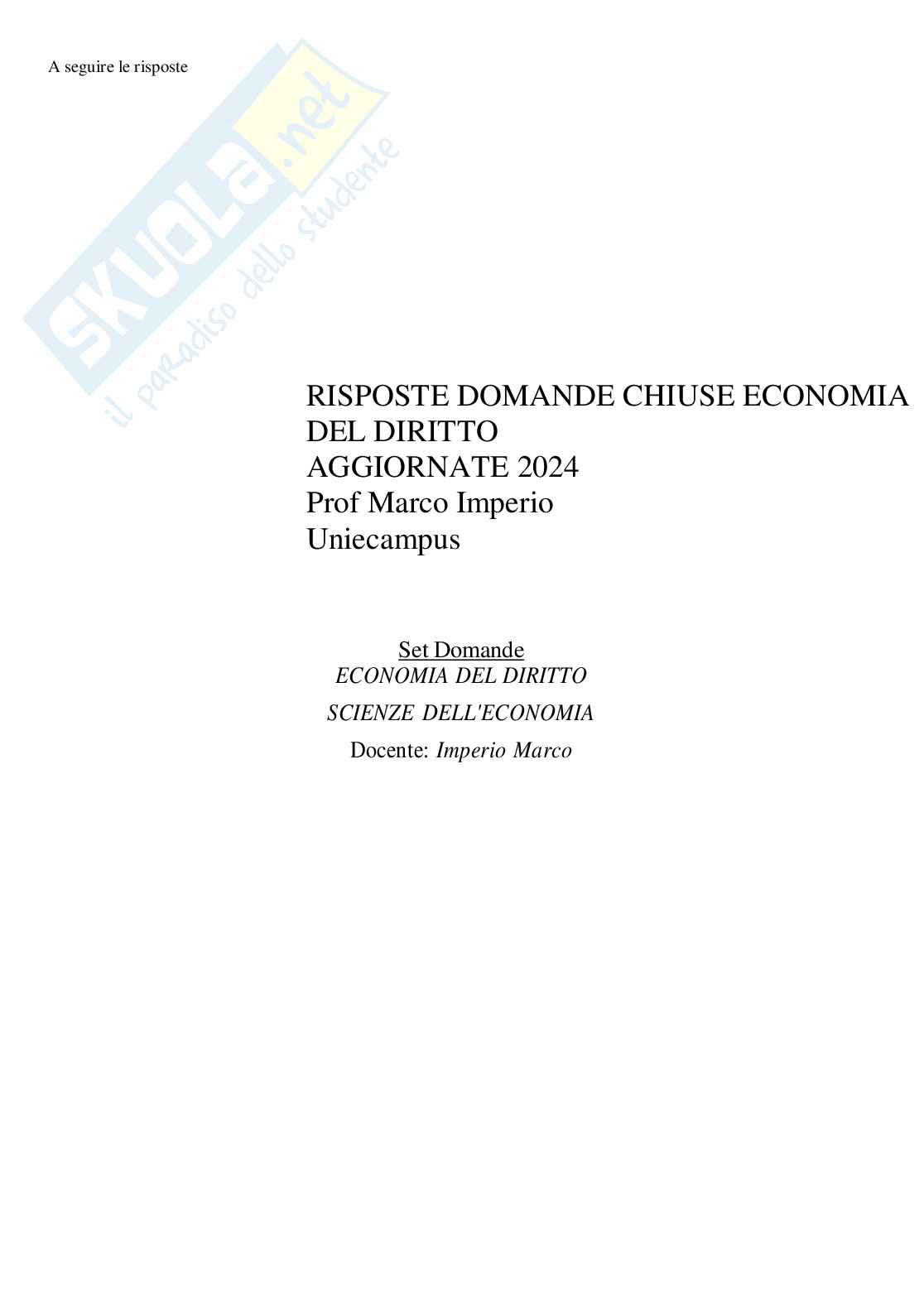 Risposte domande chiuse di Economia del diritto aggiornate al 2024  Pag. 1