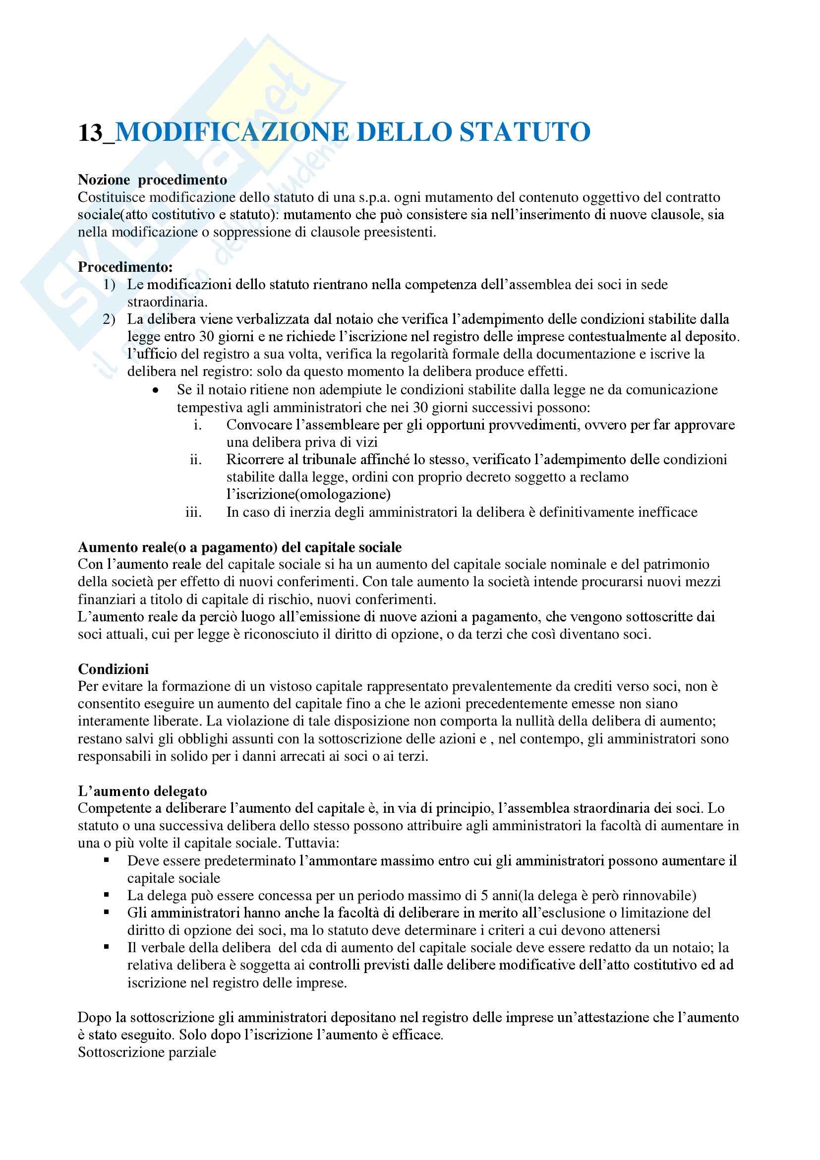 Diritto commerciale - modifiche dello Statuto di una società Pag. 1