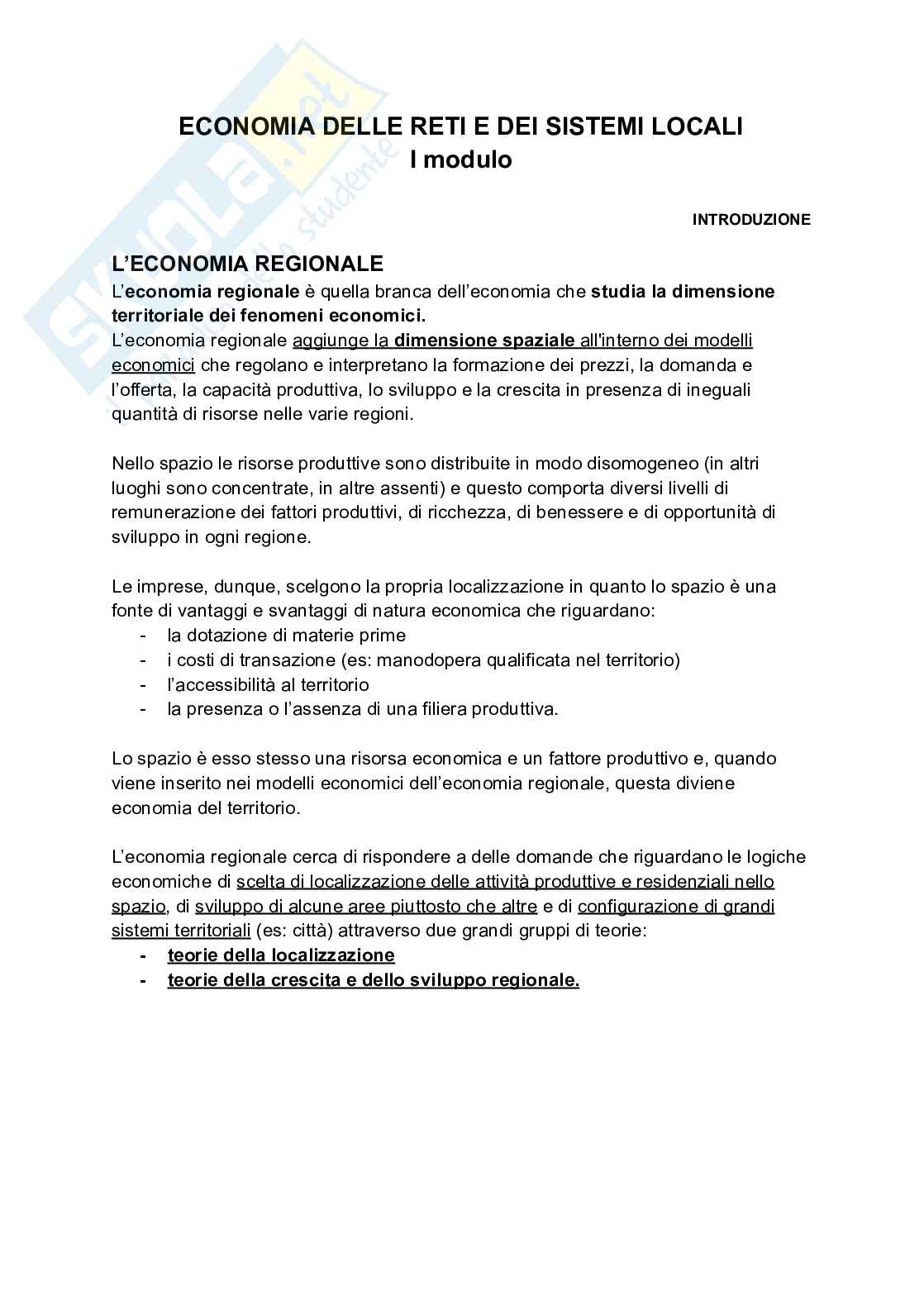 Riassunto esame Economia delle reti e dei sistemi locali, Prof. Masiero Lorenzo, libro consigliato Economia regionale, Capello Pag. 1