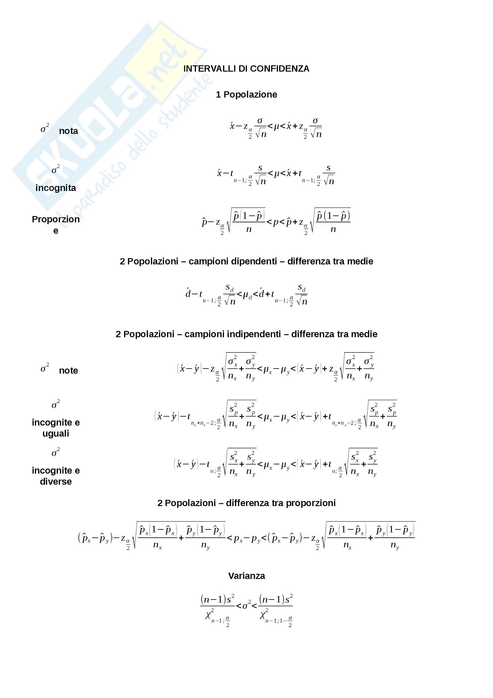 Formulario esame: Appunti di Statistica