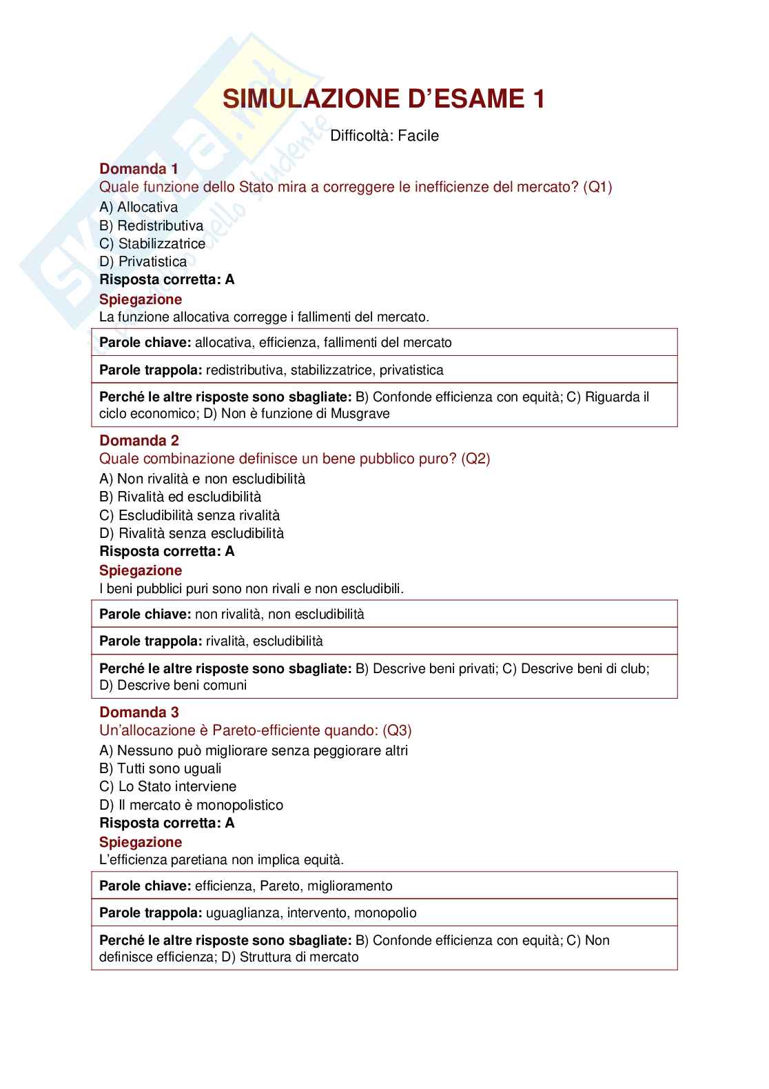 8 Simulazioni d’esame per superare l’esame di Politica economica e scienza delle finanze Pag. 2