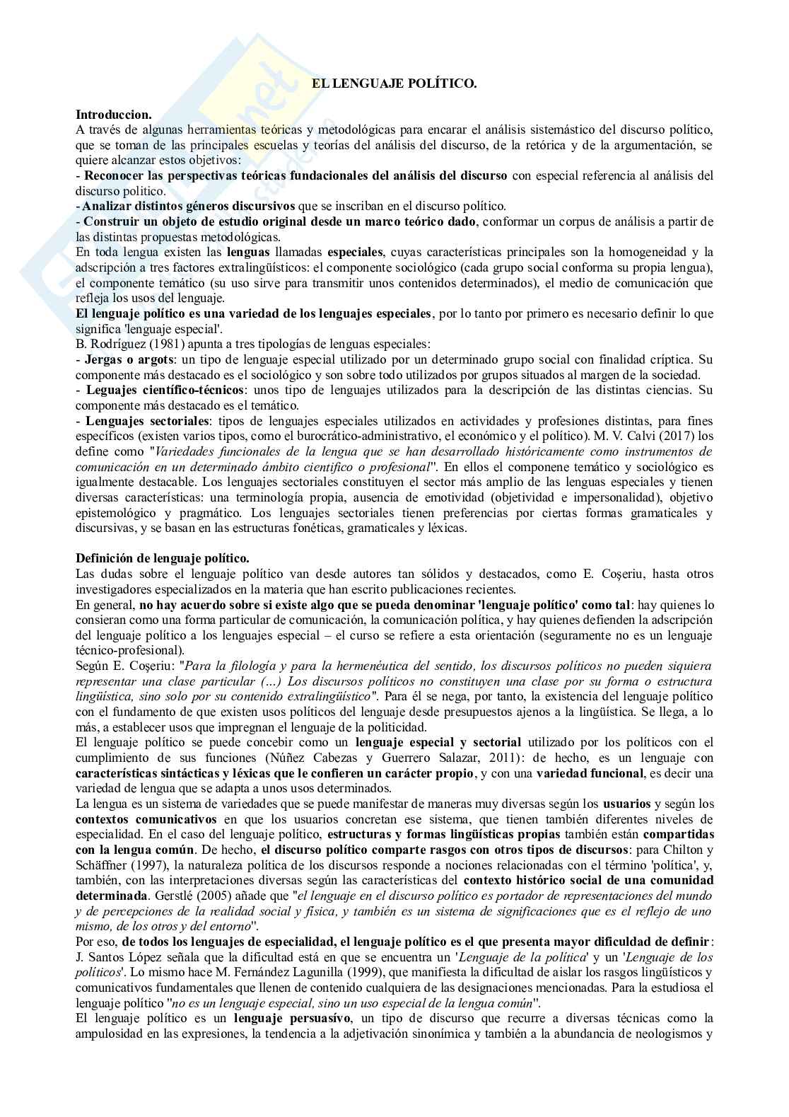 Appunti delle lezioni del corso di Lingua Spagnola su "El lenguaje politico" Pag. 1