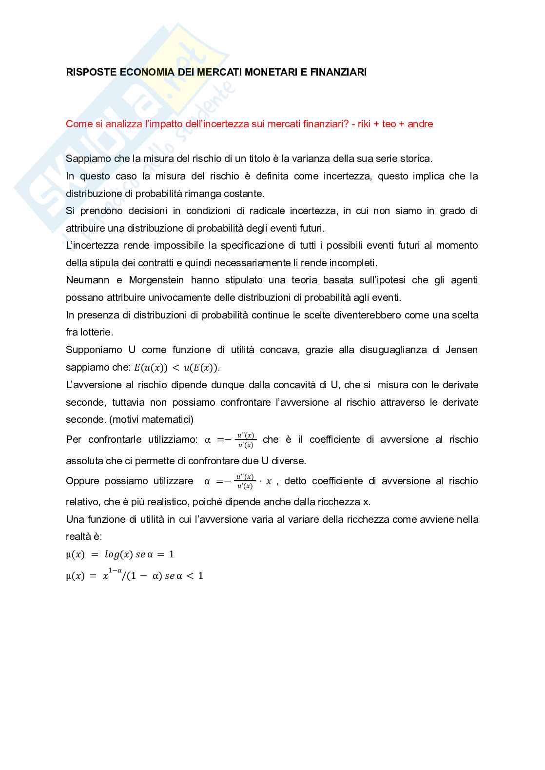 Domande aperte Economia dei mercati monetari e finanziari Pag. 1
