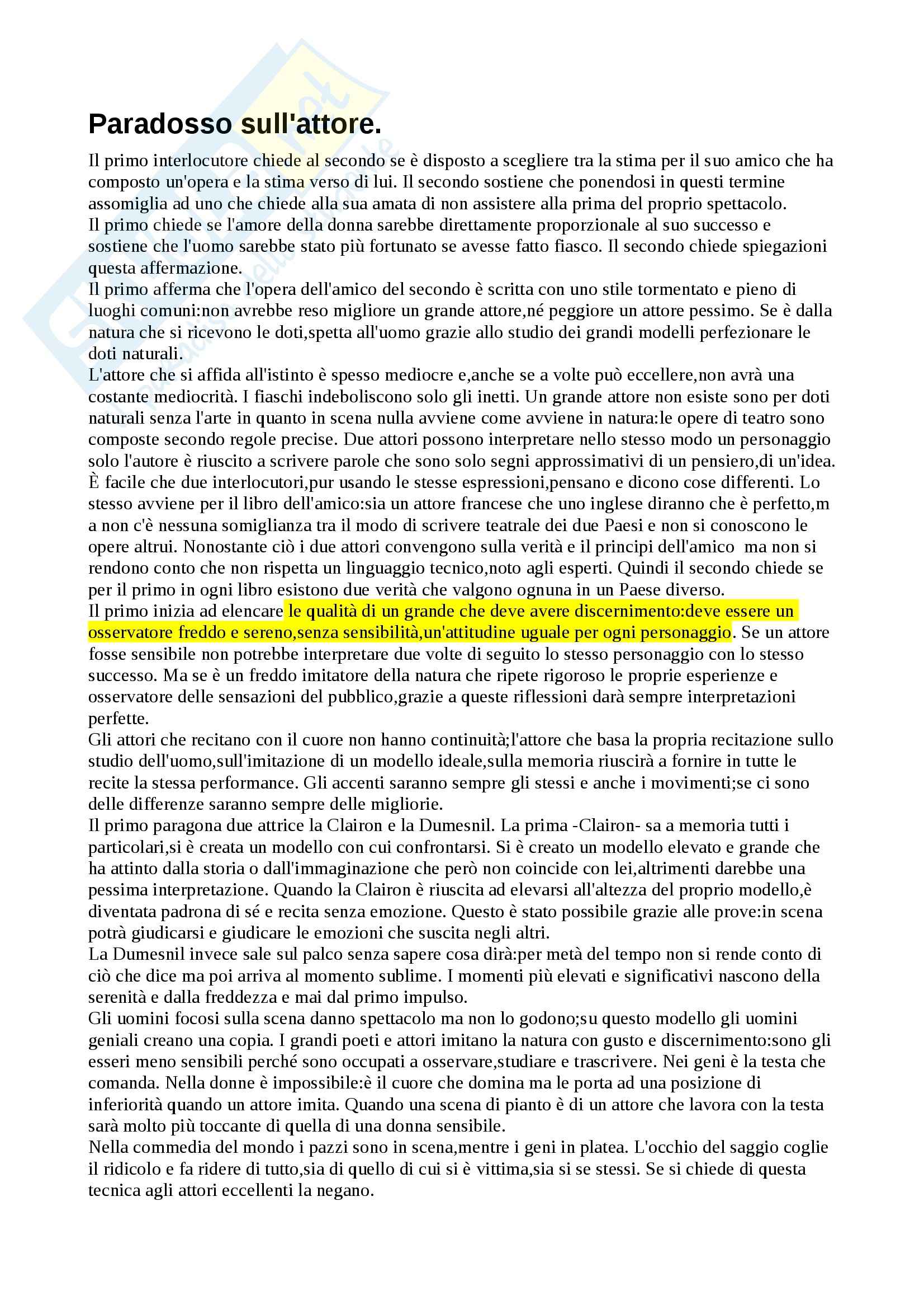 Riassunto esame Istituzioni di regia, prof. Sciaccaluga, libro consigliato Paradosso sull'attore di Diderot Pag. 1