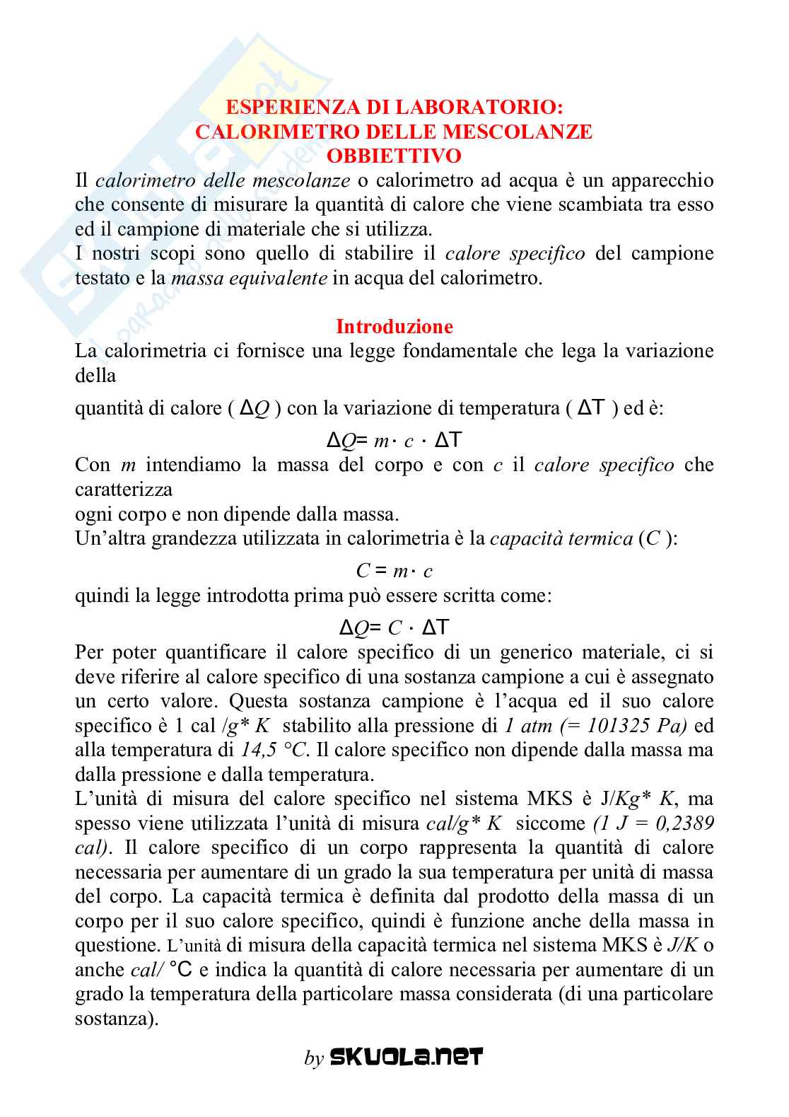 Laboratorio - Calorimetro ad acqua Pag. 1