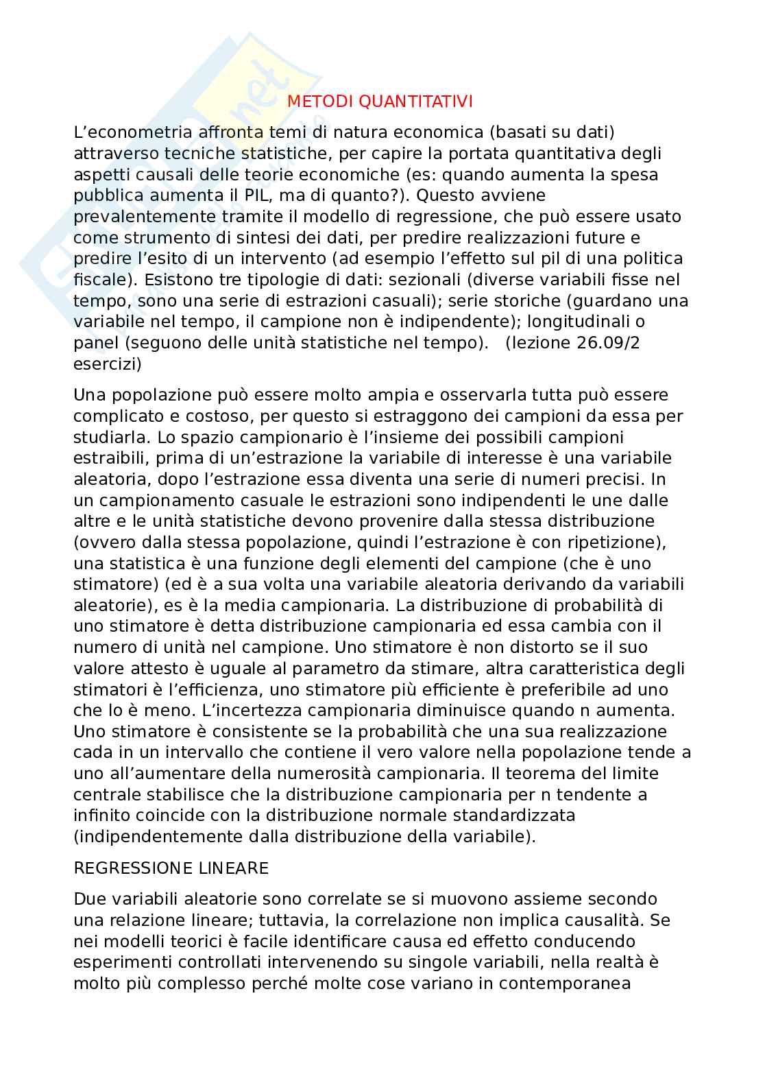 Appunti Metodi quantitativi per l'analisi dei mercati Pag. 1