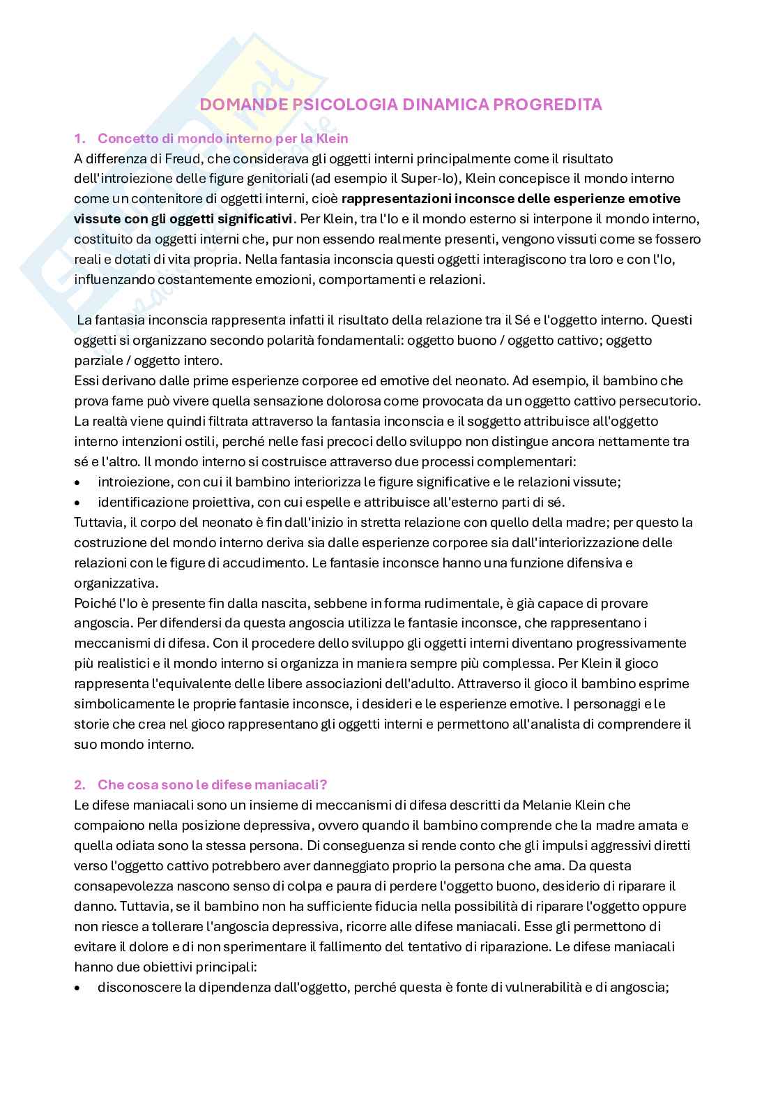 Domande e risposte esame di Psicologia dinamica progredita  Pag. 1