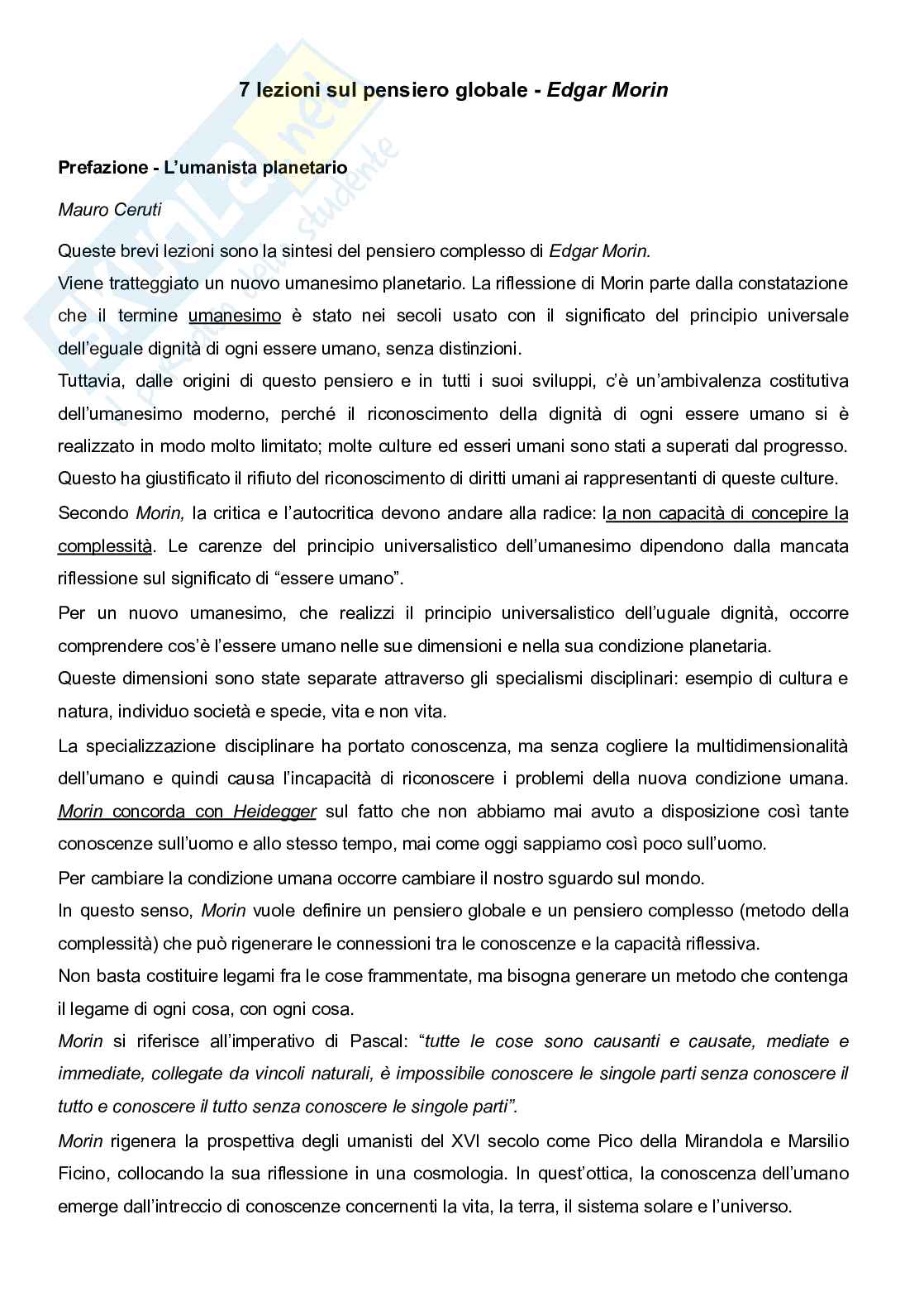 Riassunto esame Etica della formazione, Prof. Fadini Ubaldo, libro consigliato 7 lezioni sul pensiero globale, Morin  Pag. 1