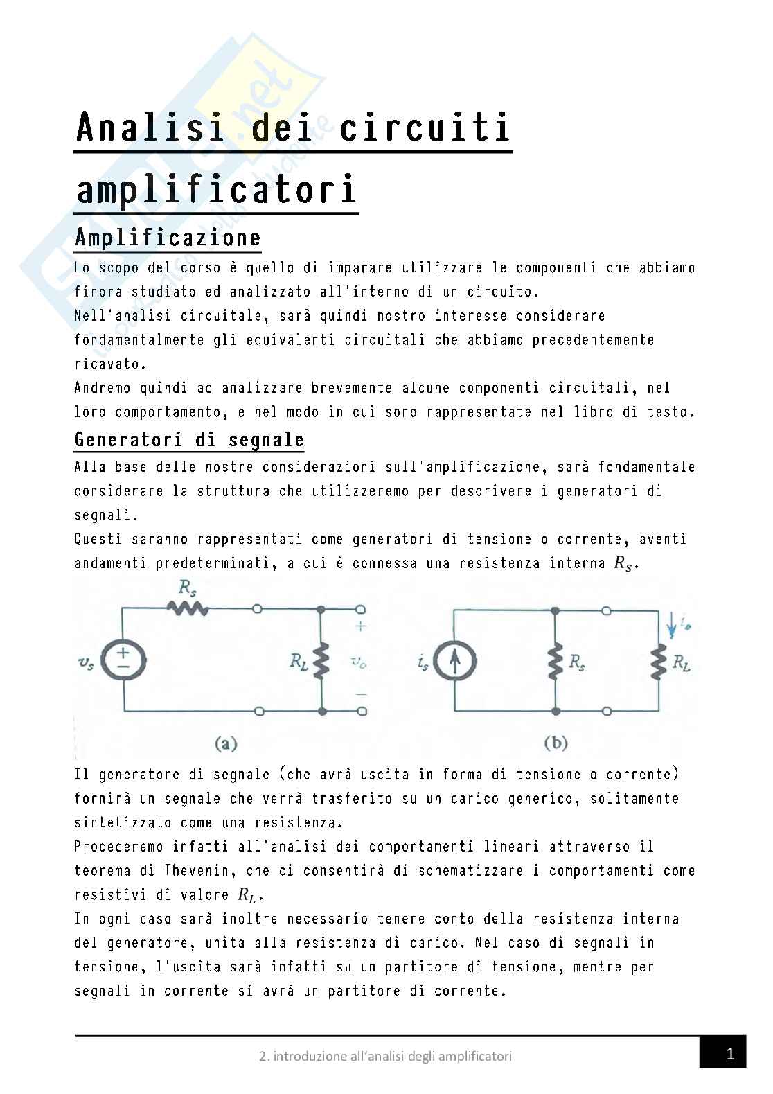 Introduzione all'analisi degli amplificatori  (2/4 capitoli del programma) Pag. 1