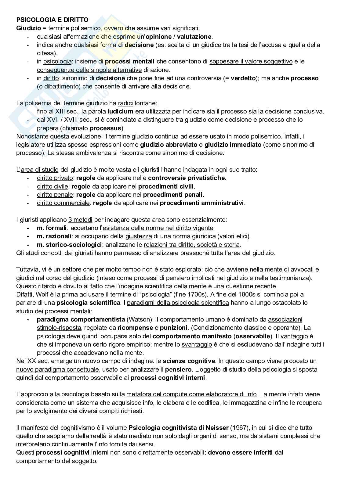 Riassunto esame Elementi di psicologia forense, Prof. Santirocchi Alessandro, libro consigliato Psicologia cognitiva per il diritto, Bona, Rumiati Pag. 1