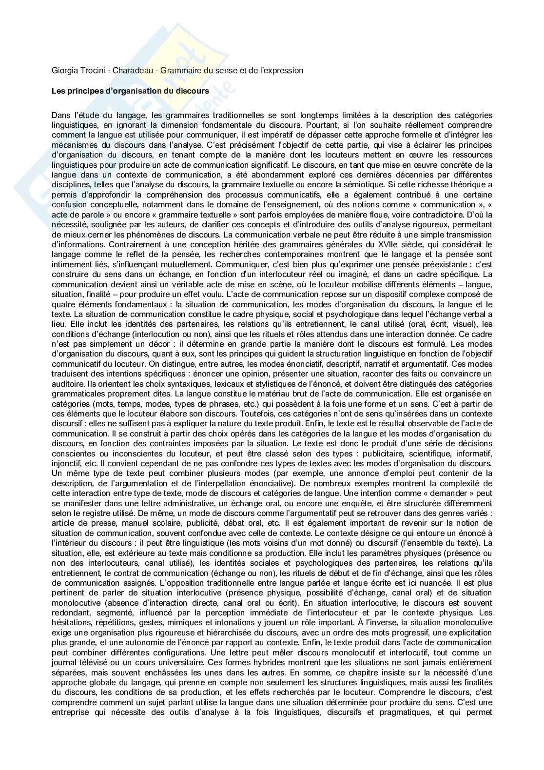Riassunto esame Lingua francese II, Prof. Floquet Oreste, libro consigliato Grammaire du sens et de l'expression , Charaudeau  Pag. 1